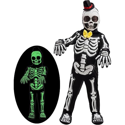 Spooktacular Creations Glows in the Dark Skeleton Costume for Boys, Halloween Skeleton Costume, Bone Jumpsuit for Kids