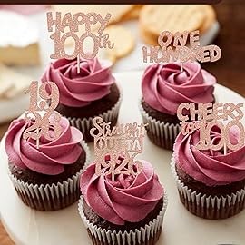 30PCS 100th Birthday Cupcake Toppers Glitter One Hundred Years 100 Fabulous Happy 100 Straight Outta 1926 Cupcake Picks for 100th Birthday Anniversary Party Cake Decorations Supplies Rose Gold