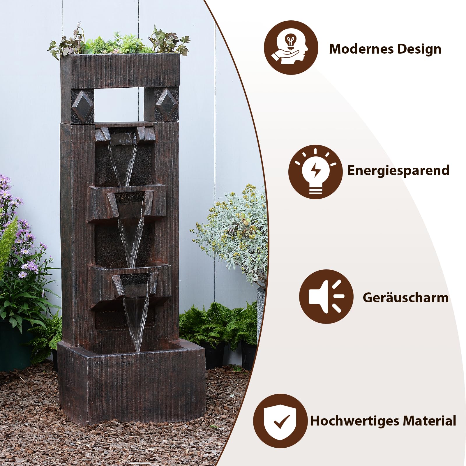 Bumilgar 104 cm Gartenbrunnen, 4-stufiger Wasserbrunnen aus Kunstharz, moderner freistehender Wasserfall mit LED-Lichtern für Terrasse, Garten, Deck, Veranda und Heimdekoration, Braun