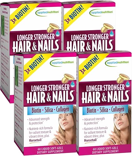 Applied Nutrition Cabello y uñas más fuertes más largas – 60 geles suaves líquidos, paquete de 4 – con biotina, sílice y colágeno – 30 porciones