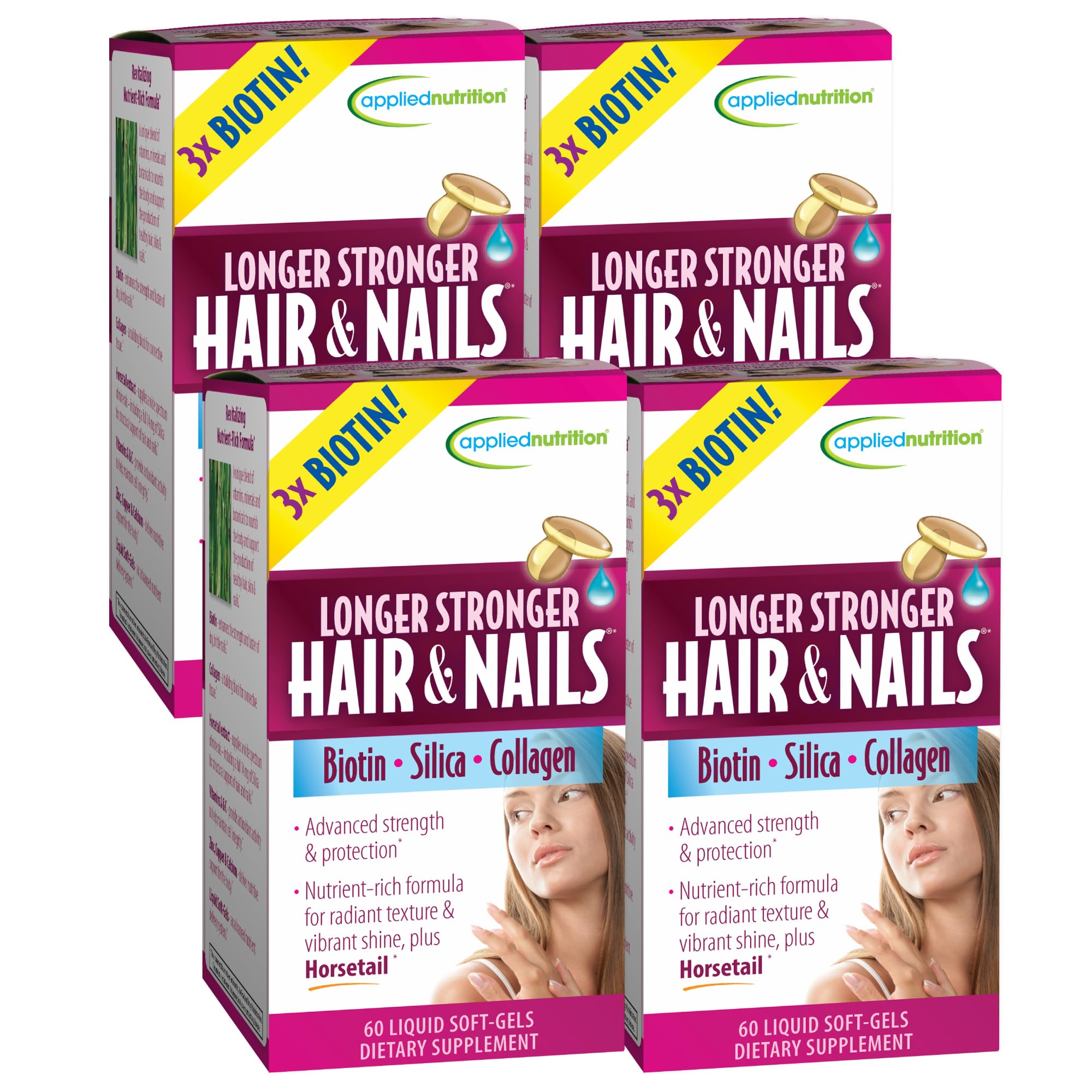 Applied Nutrition Longer Stronger Hair & Nails - 60 Liquid Soft-Gels, Pack of 4 - Biotin, Silica & Collagen - 120 Servings