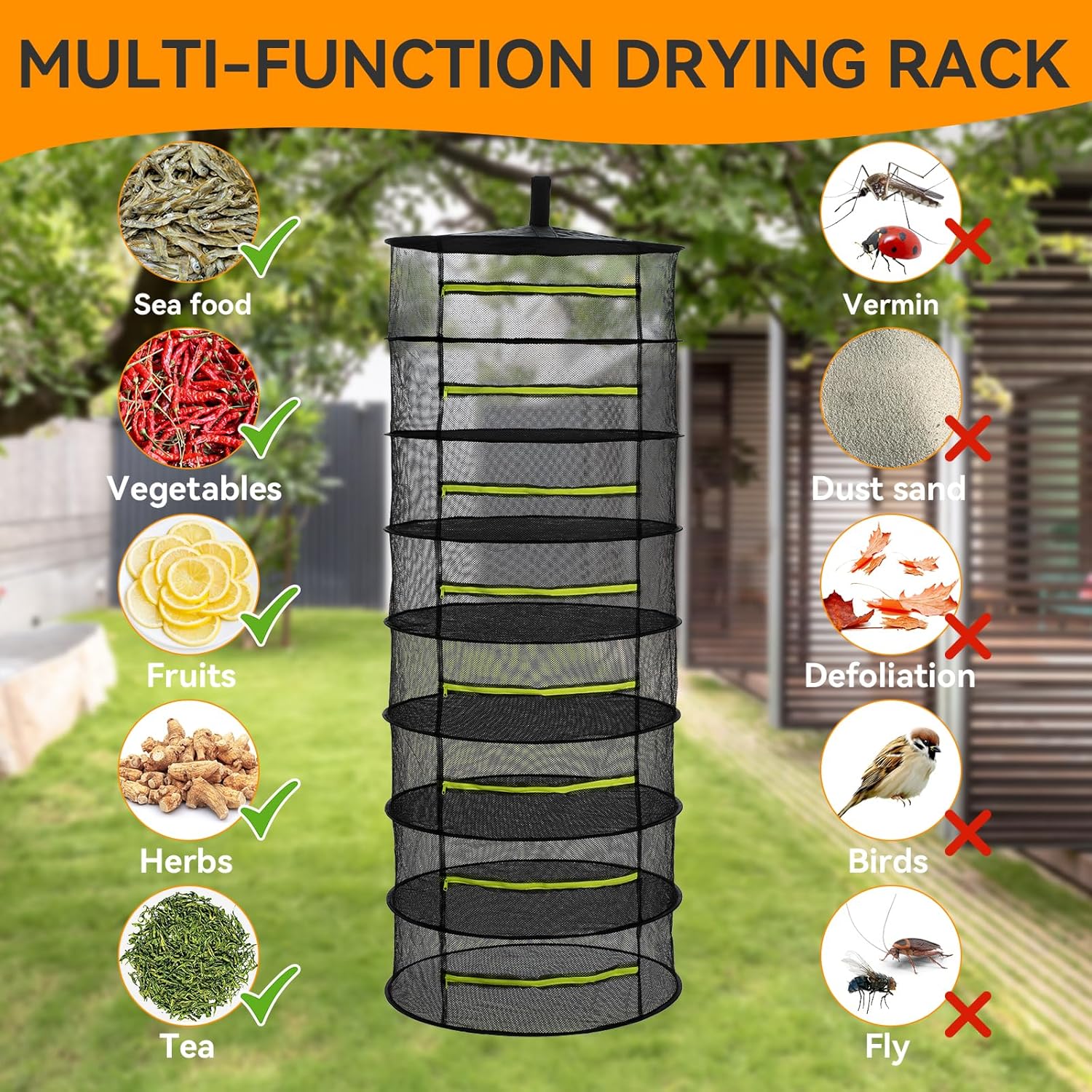 Herb Drying Rack - Mesh Drying Rack - Herb Drying Rack Hanging with Green Zipper & Garden Pruning Shears for Drying Herb - Hanging Drying Rack - Plant Drying Rack (6 Layers), Black, 12154