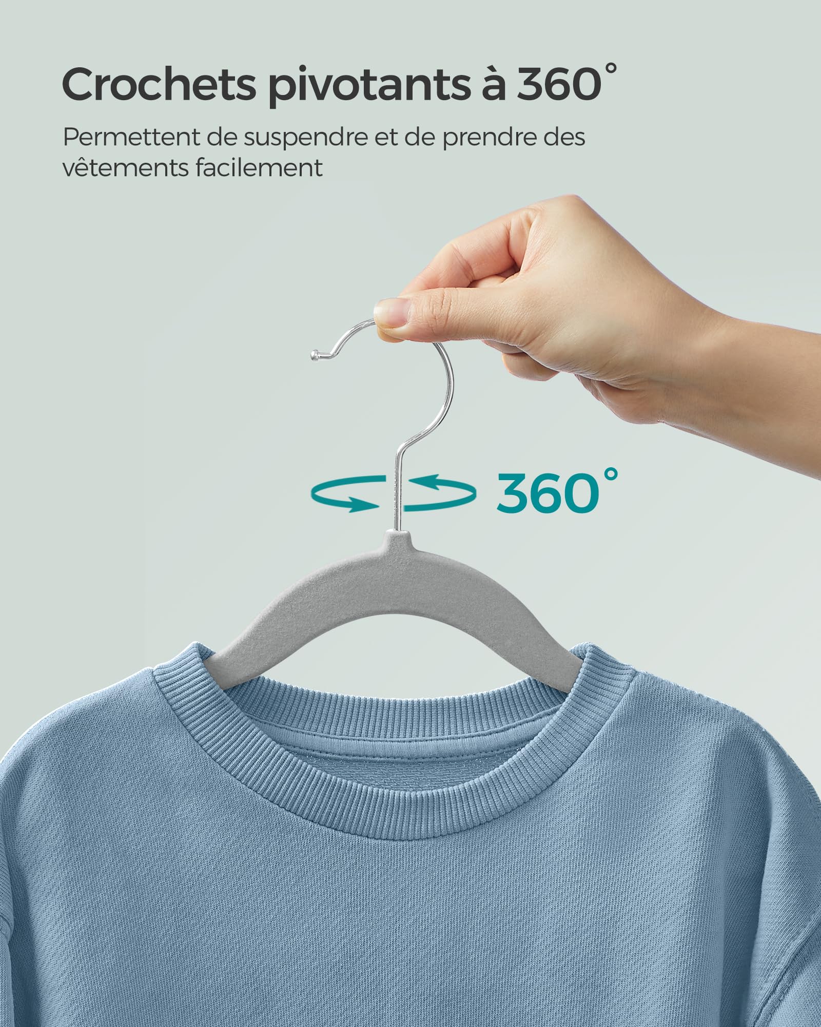 SONGMICS Cintres Enfants, Lot de 50, en Velours, avec Crochets Argentés Pivotants à 360°, Cintres pour Vêtements, Gain de Place, Gris Tourterelle CRF027G05
