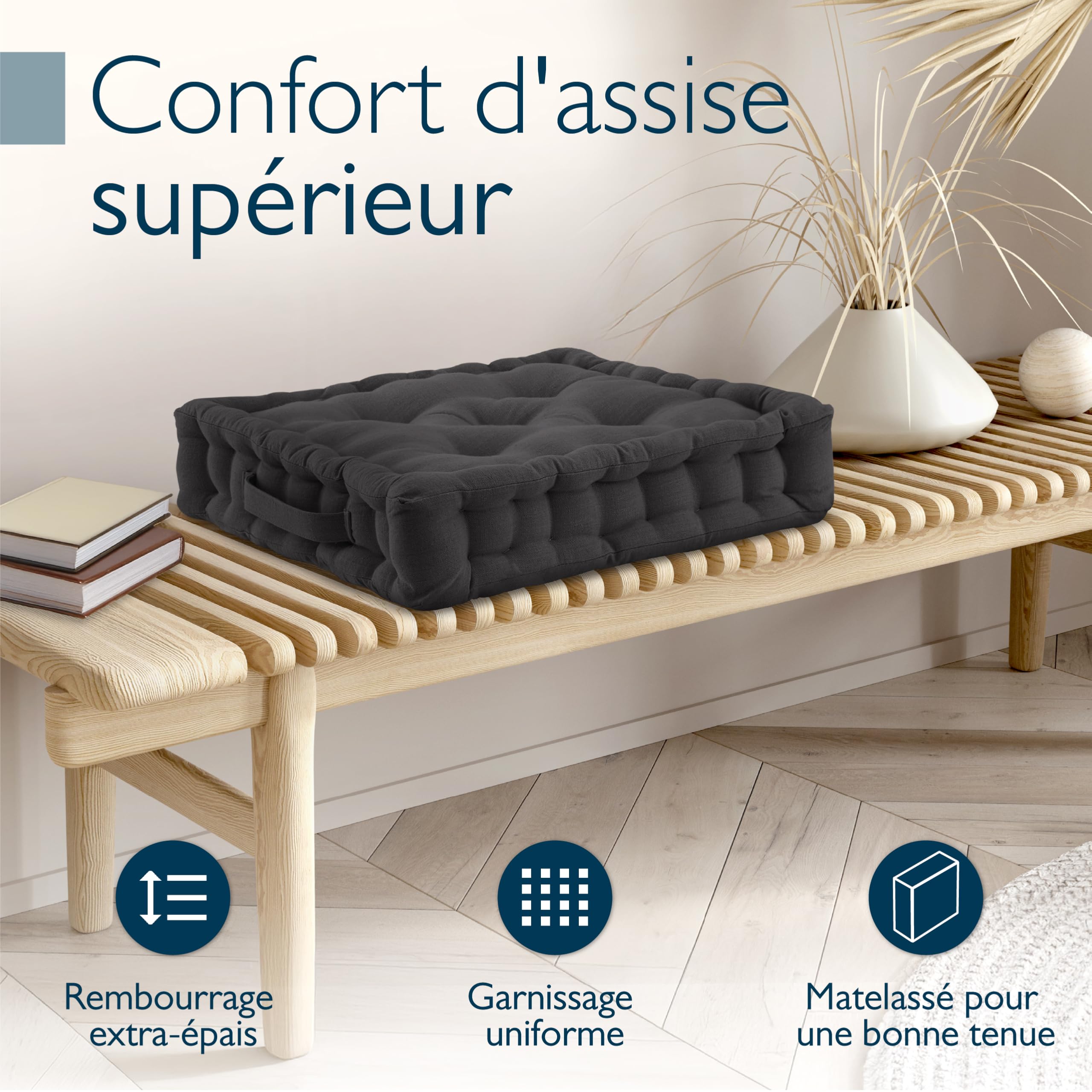 Beauitssu Set de 4 Coussins de Sol Coussin d'assise 40x40 cm - Coussin Matelas épais 8cm - 100% Coton Coussin de Chaise Intérieur & Extérieur Poignée de Transport Coussin d'assise Anthracite - Mila