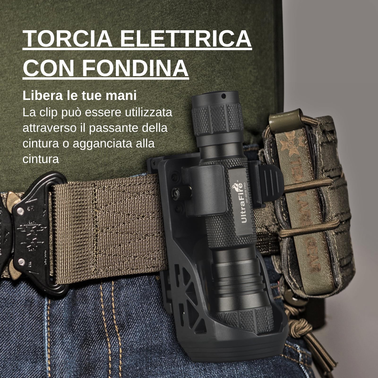 UltraFire Torcia tattica con fondina, torcia LED a 1200 lumen a singola modalità per forze dell'ordine con supporto per cintura, batteria ricaricabile e caricatore, piccola torcia WF-501B PRO
