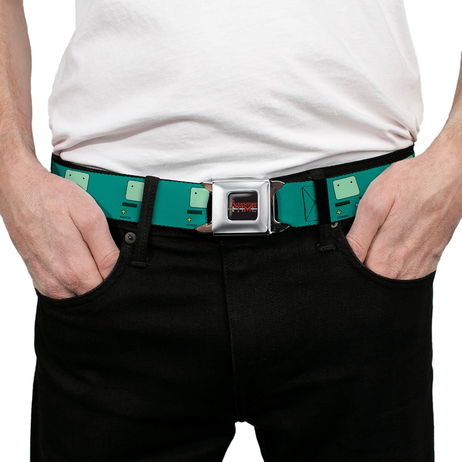 Cartoon Network Belt, Seatbelt Buckle Belt, Adventure Time BMO Repeat Blue, 30 to 44 Inches