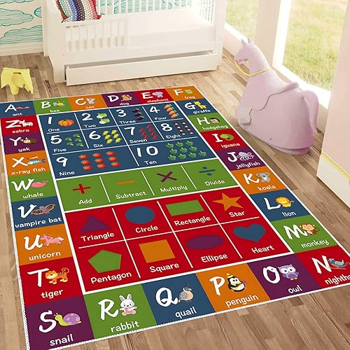 SAMESIEG Alfombra educativa ABC para niños, con forma de símbolo del alfabeto con patrón de animales y verduras, tapete antideslizante para