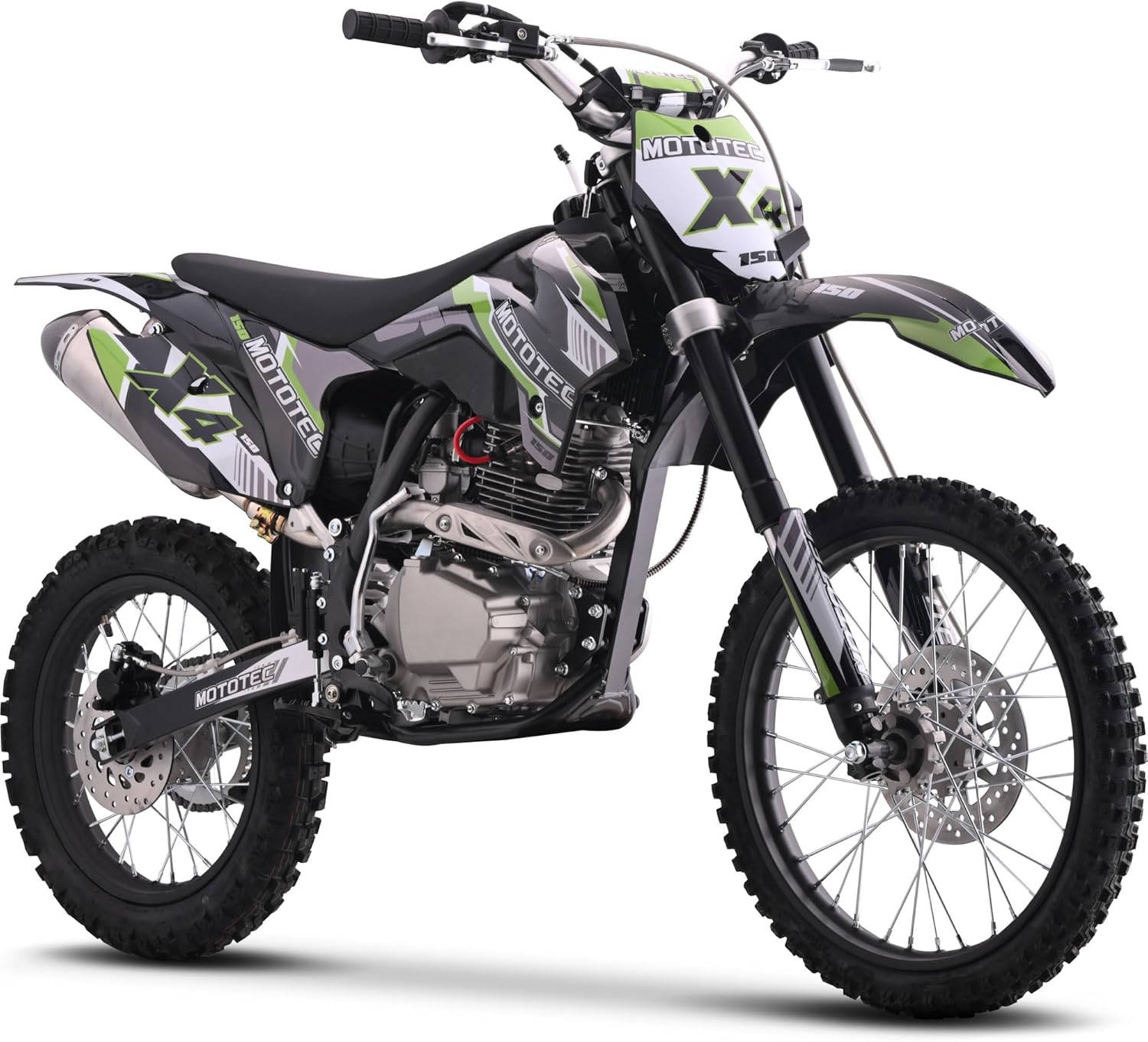 Front view of the MotoTec X4 150cc Dirt Bike, highlighting the front wheel and handlebars.