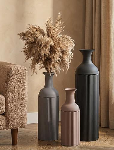 Sziqiqi Metal Tall Floor Vase, Tricolor Large Ribbed Floor Standing, 3Pcs | 27/20/16in Farmhouse Earth Tones Vases, Oversized Flower Holder for Pampas Grass, Living Room, Fireplace, Hallway, Office