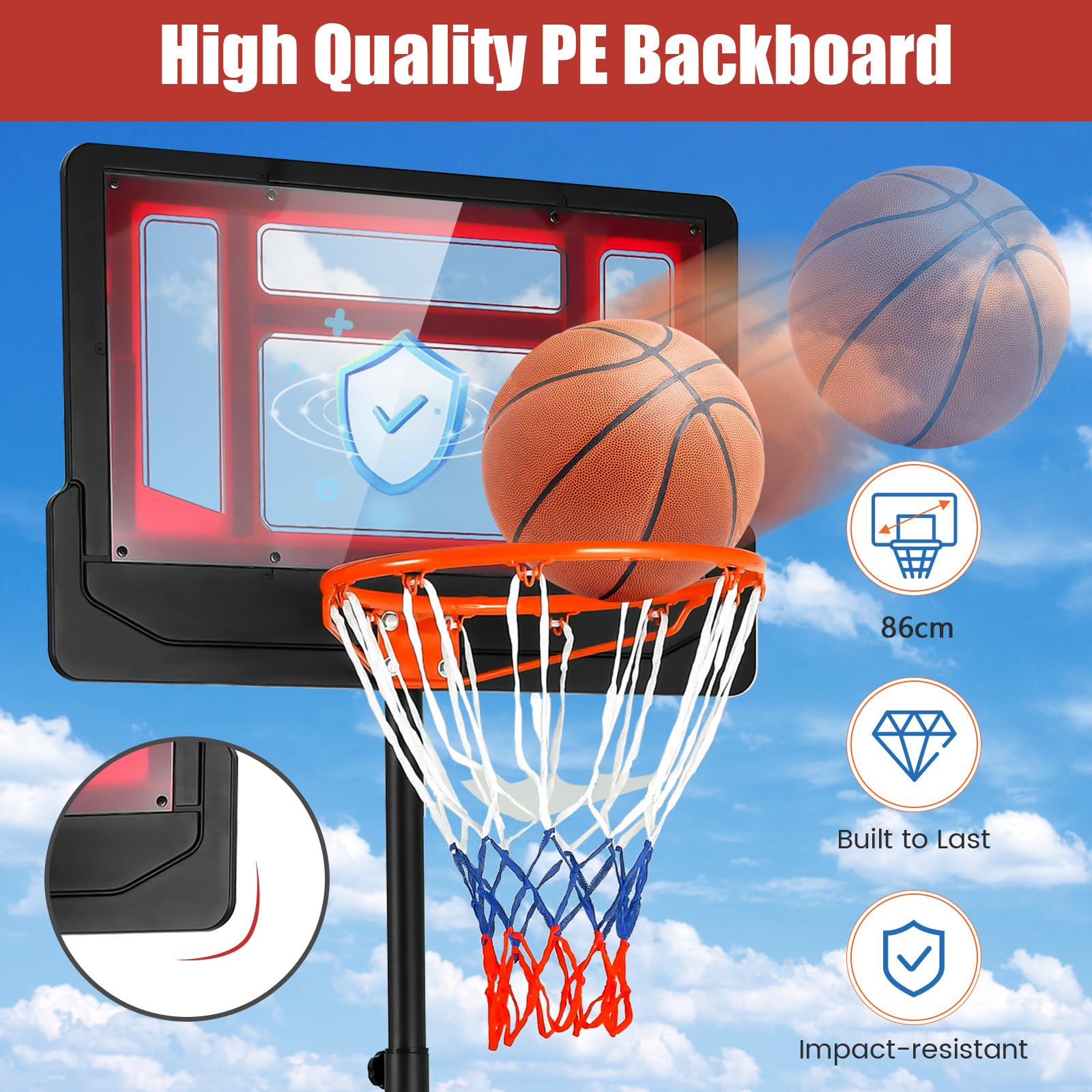 KOMFOTTEU Canestro Basket per Esterno da Pavimento, Canestro da Basket ad Altezza Regolabile 154-210 cm, Supporto da Basket con Base, Portatile con Ruote, Pallacanestro per Interno