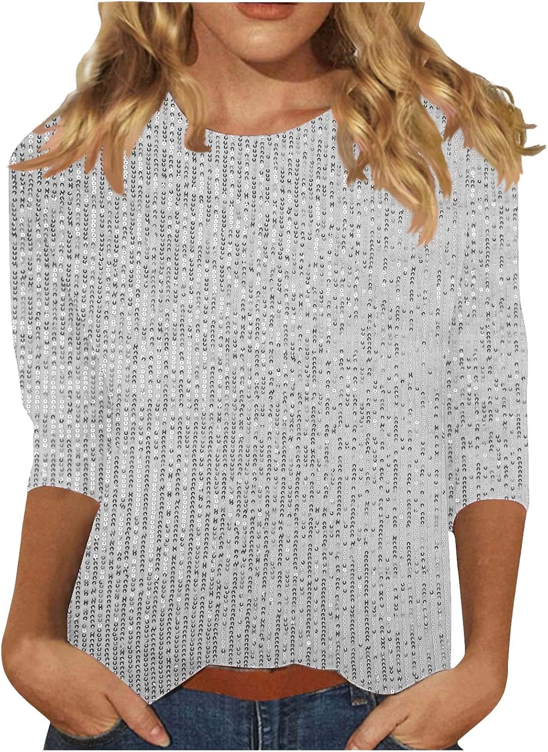 Women's 3/4 Sleeve Glitter Blouses 2025 Trendy Sequin Tops Crew Neck Dressy Blouses Sparkle Tunic Shirts