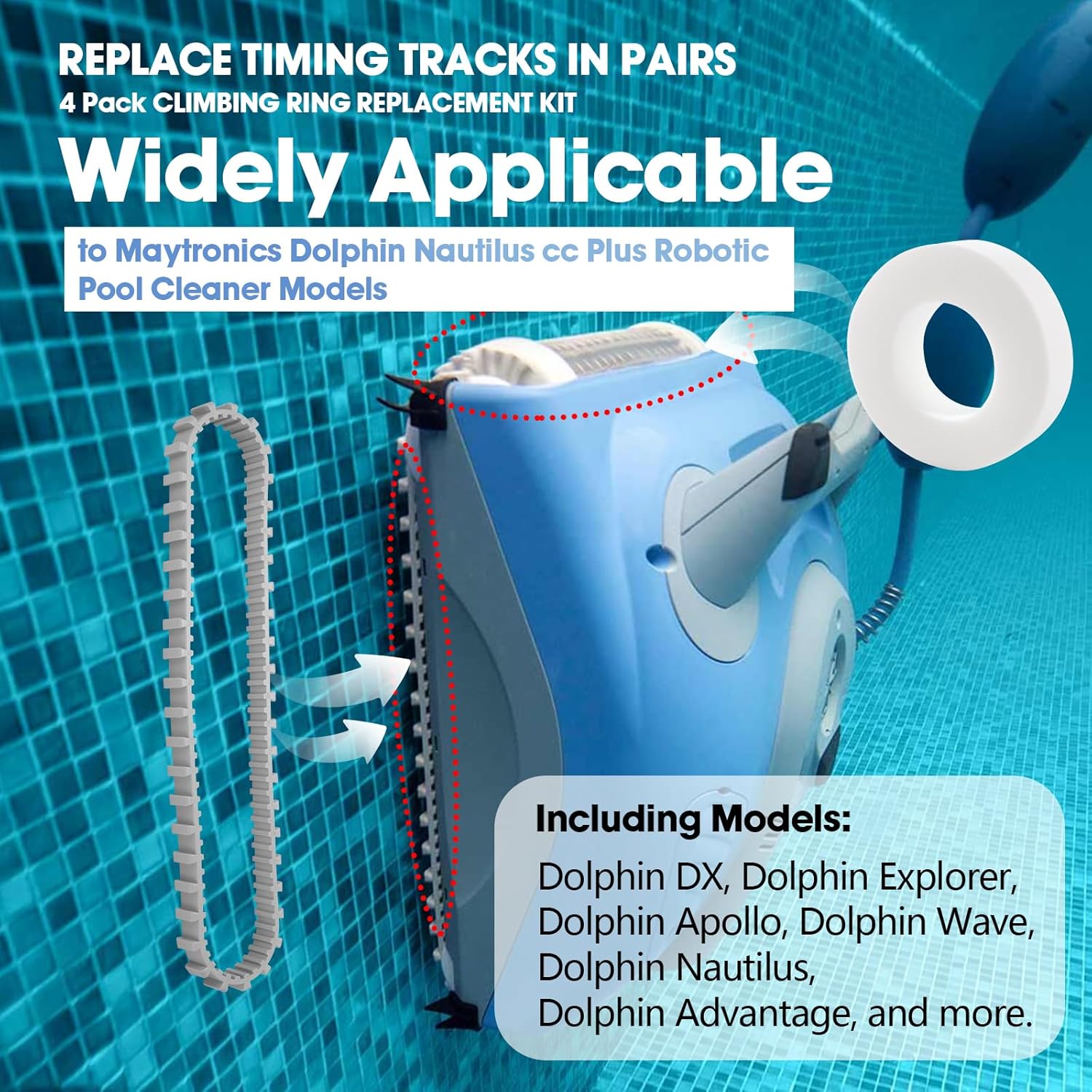 Pokin Pool Cleaner Accessories, The Climbing Ring Replacement 6101611-R4, Timing Track 9985006-R2 and 3884997-R6 Guide Wheels Pulley Gears Combo Kits for Maytronics Dolphin Nautilus cc Plus Parts