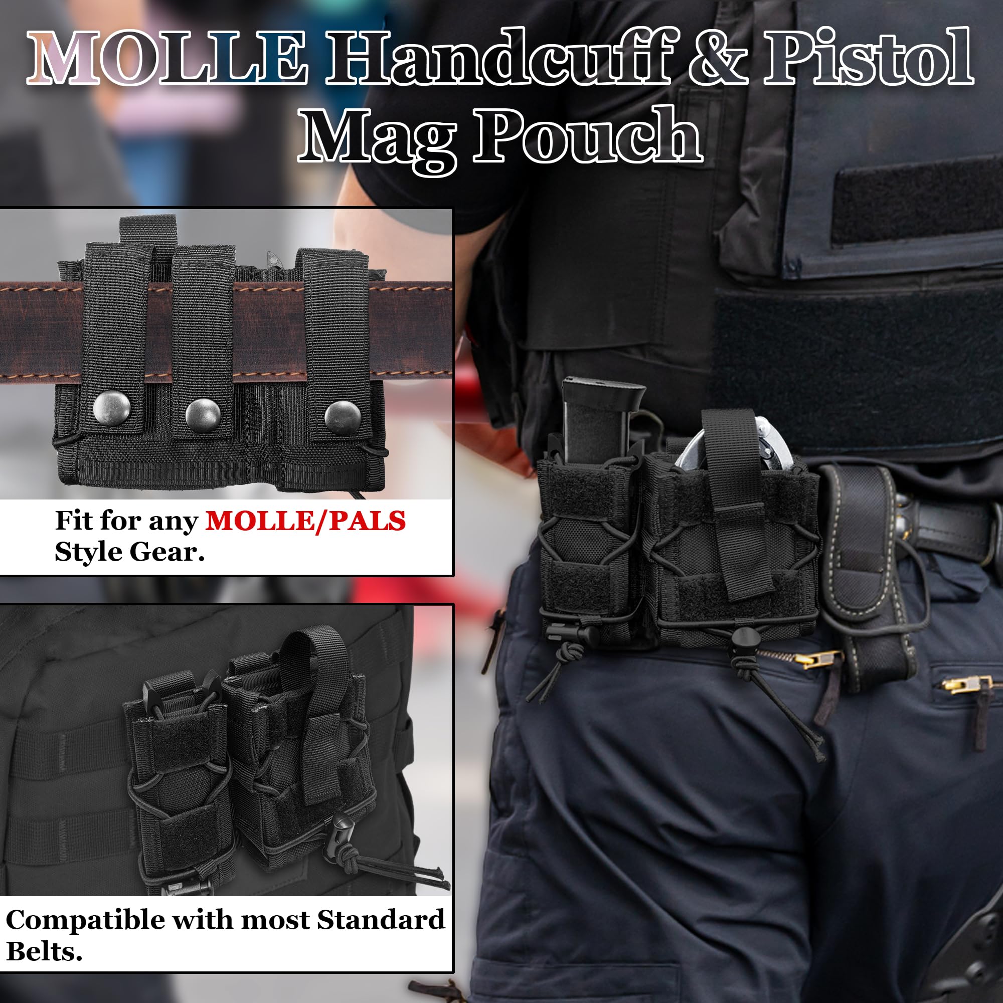 SZWRSKJ Handcuff Pistol Mag Pouch Combo, Open- Top Handgun 9MM Magazine Handcuff Case, Quick Release Cuff Holster for MOLLE Belt, Tactical Vest