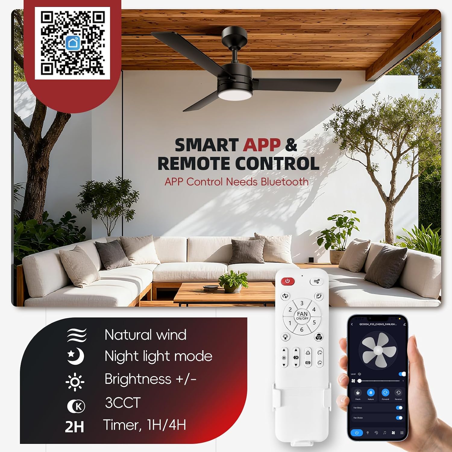 42 Inch Outdoor Ceiling Fans with Lights,Gazebo Hanging Fan with Hook and 16Ft.Cable,Plug in Ceiling Fan Light with Remote Control,3000-6500k,6-Speed,Hanging Fan for Gazebo,Balcony,Patios,Porch.
