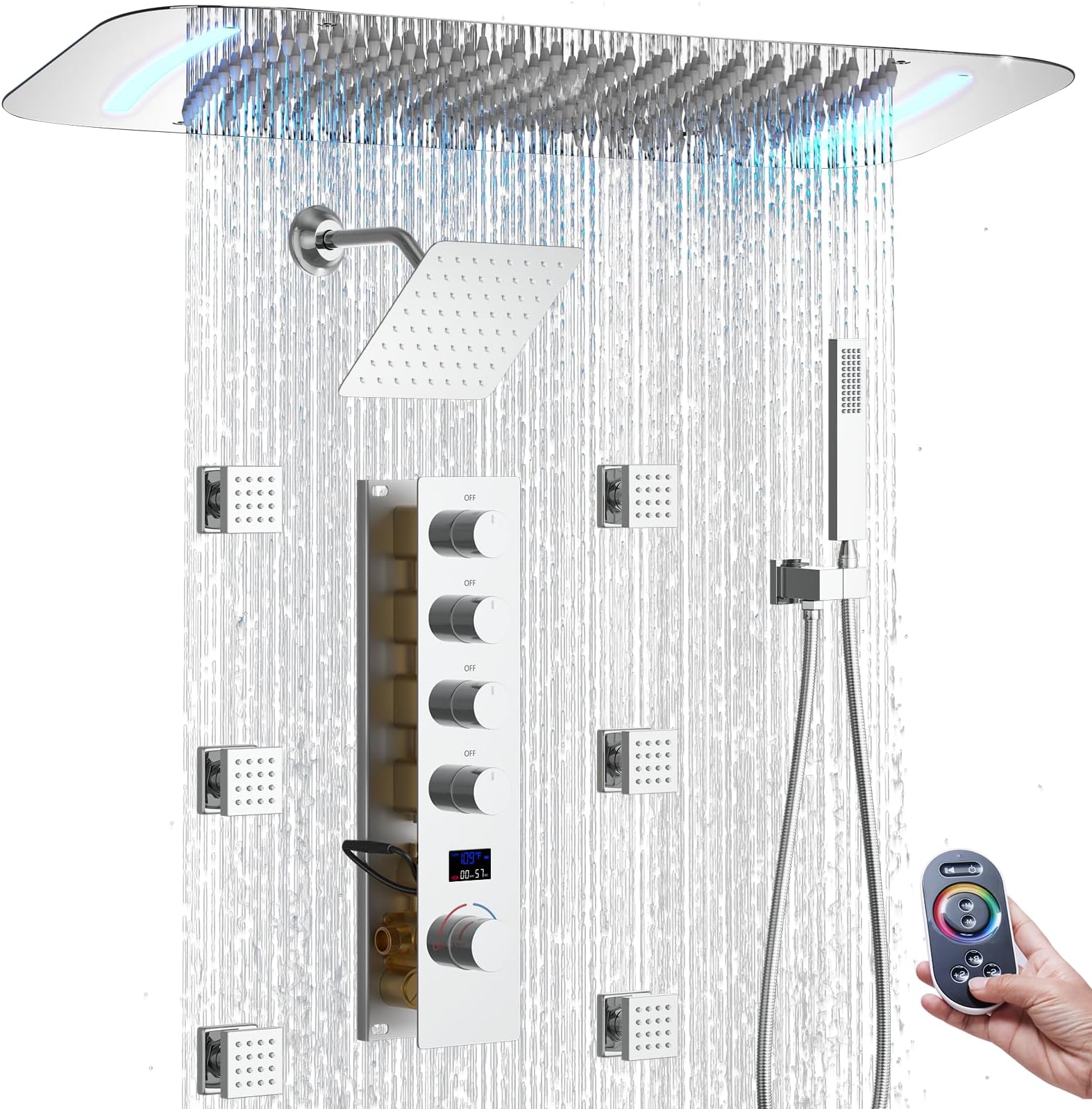 Digital Display Chrome Shower System with 16x26 inch Ceiling Mount Shower Head Set and 6 PCS Body Jet, with Handheld Spray and 8 inch Wall Mounted Rain Shower Head