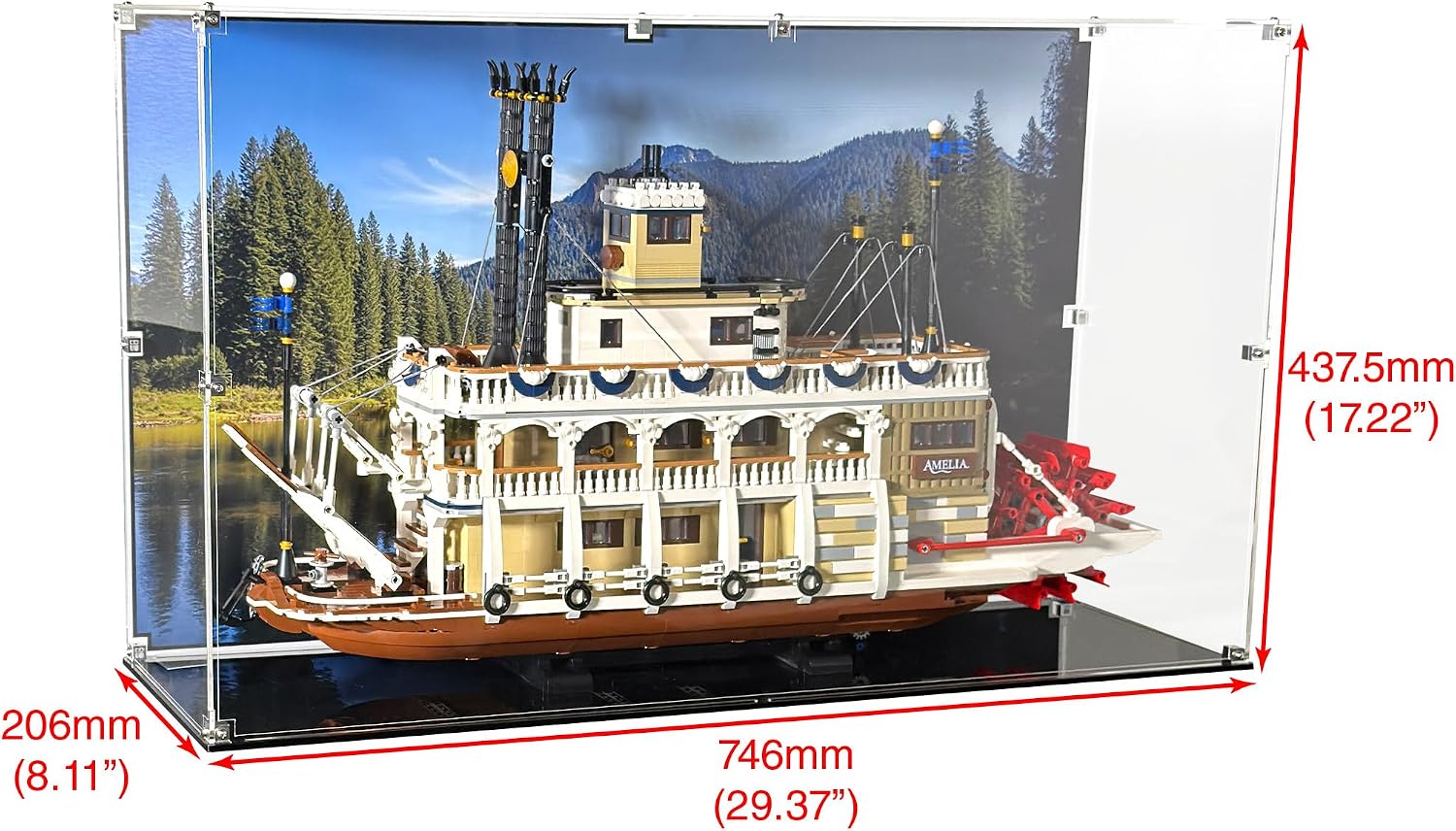 Display Case Compatible with Lego 21356 River Steamboat (Ideas) - Acrylic Showcase with Themed Pre-Printed Background - Set Not Included
