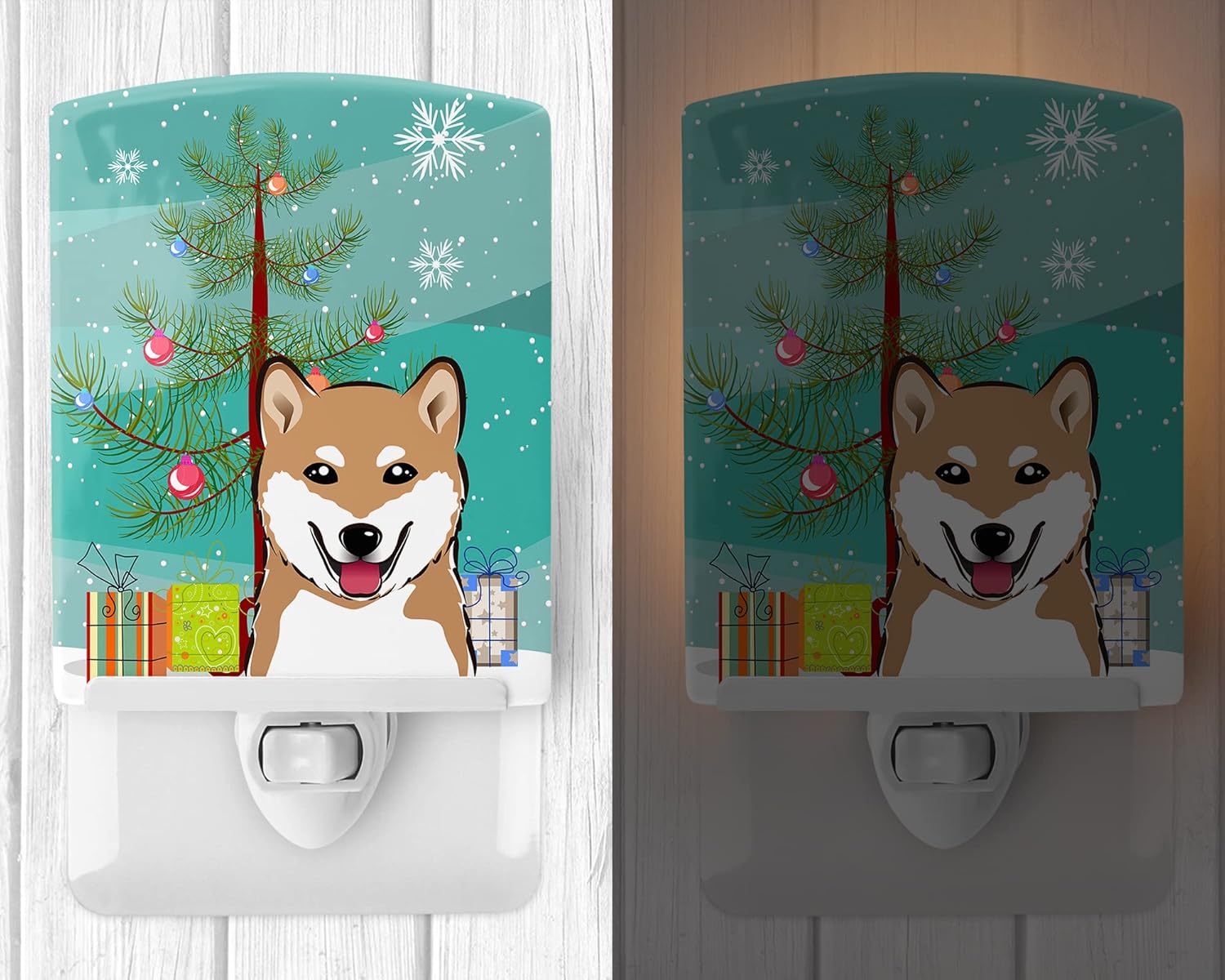 Caroline's Treasures BB1597CNL Christmas Tree and Shiba Inu Ceramic Night Light Compact, UL-Certified, Ideal for Bedroom, Bathroom, Nursery, Hallway, Kitchen, 6x4x3, Multicolor