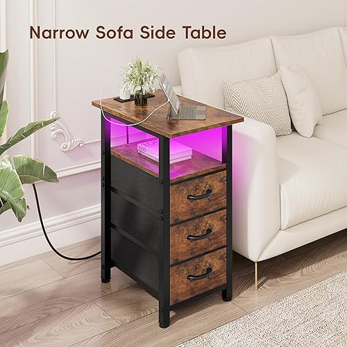 Miniatura 8 de Vagusicc Juego de 2 mesitas de noche con estación de carga y luces LED, mesa auxiliar estrecha, mesita de noche LED con 3 cajones de tela para