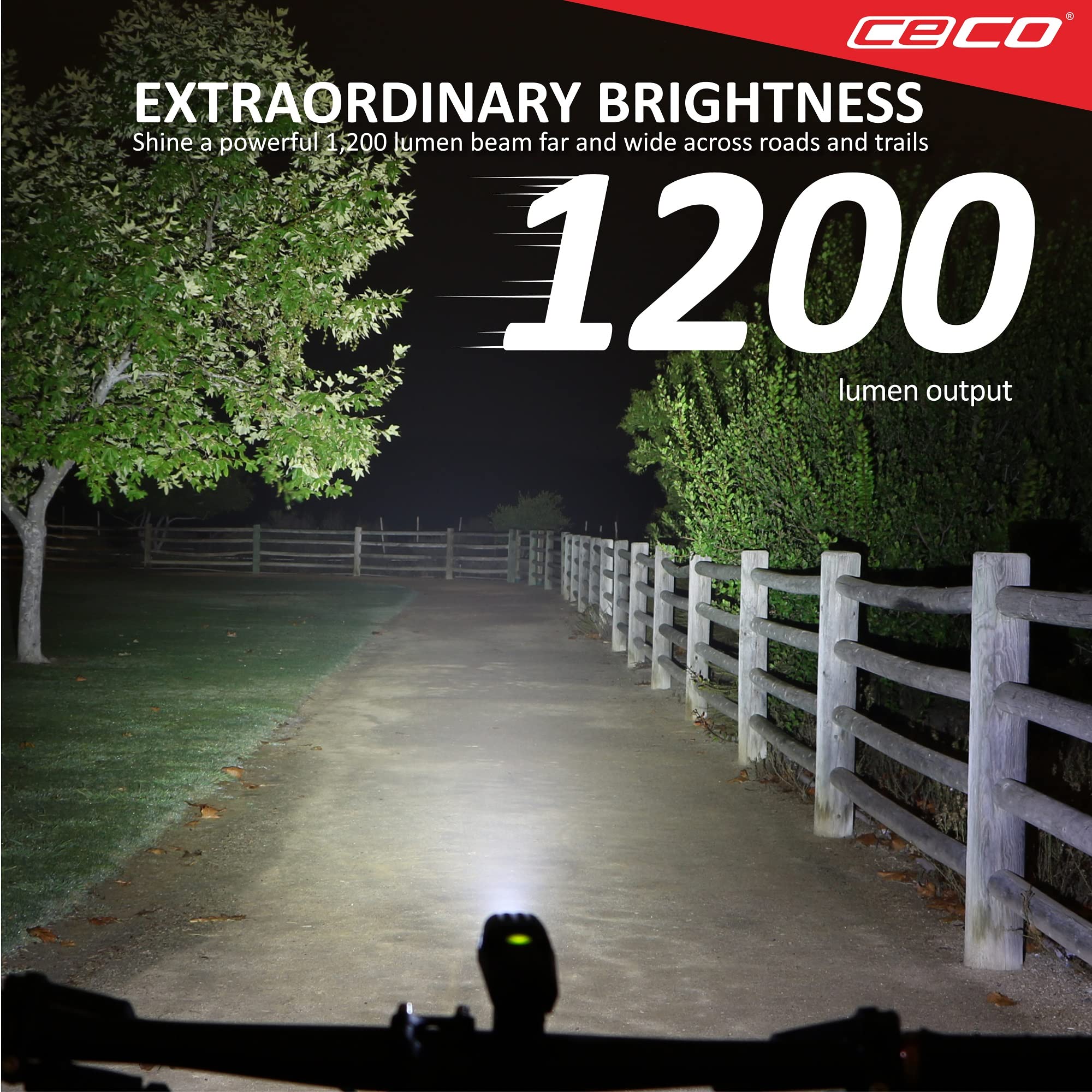 CECO -USA: 1.200 lumen USB ricaricabile luce bici – Resistente e durevole IP67 impermeabile e FL-1 resistente agli urti – Faro per bicicletta modello F1200 super luminoso – per pendolari, ciclisti su
