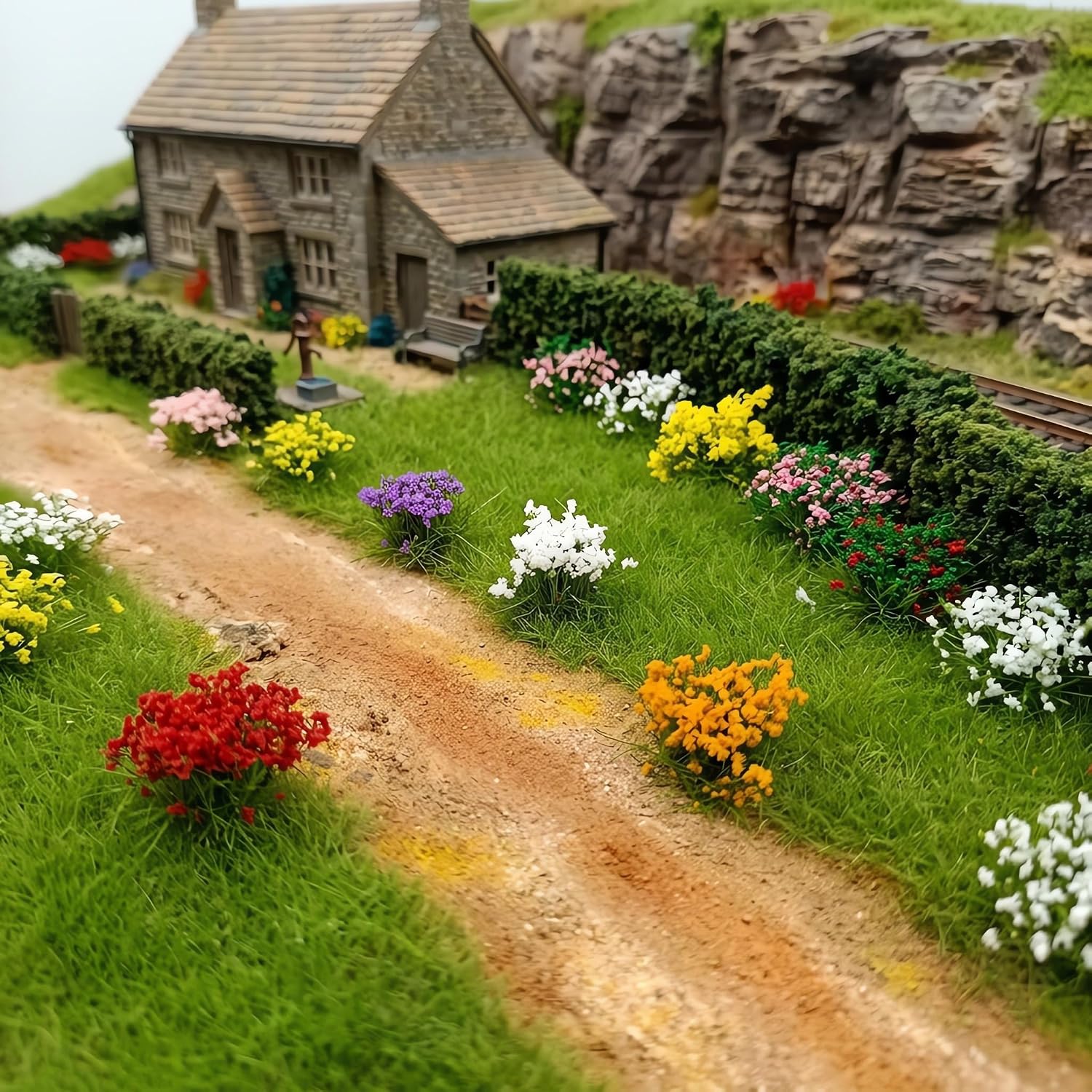 98 Pcs Miniature Static Grass Tufts for Dioramas Supplies, Realistic 7 Colors Mini Flowers for Woodland Model Train Scenery, Landscape, Architecture, Military Sand Table, Garden
