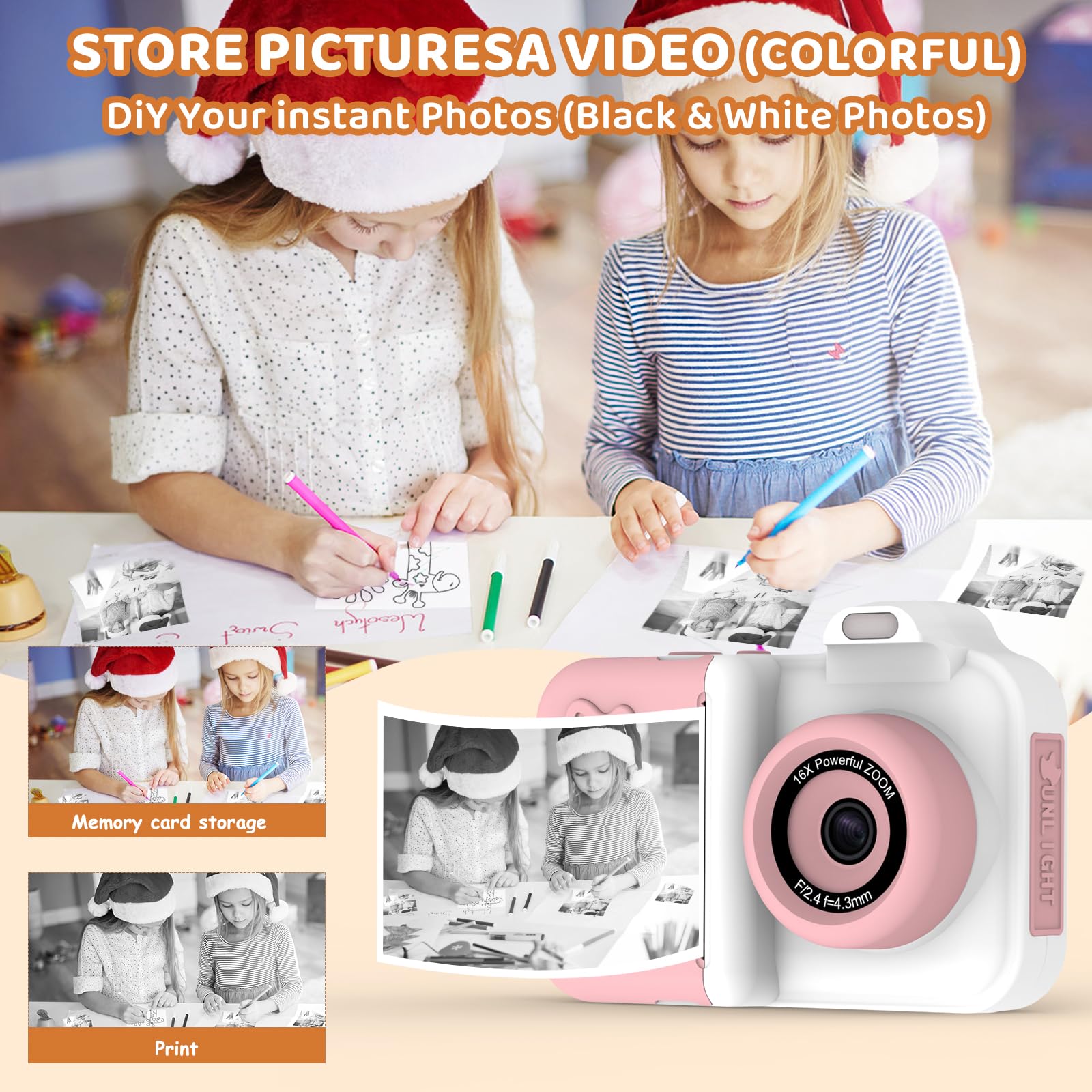 Appareil Photo instantané pour Enfants, Cadeau de Noël/Anniversaire Jouet pour Filles et garçons de 4 5 6 7 8 9 10 11 12 Ans, caméra Selfie HD Enfant Impression avec 5 Rouleaux Papier,Carte 32Go
