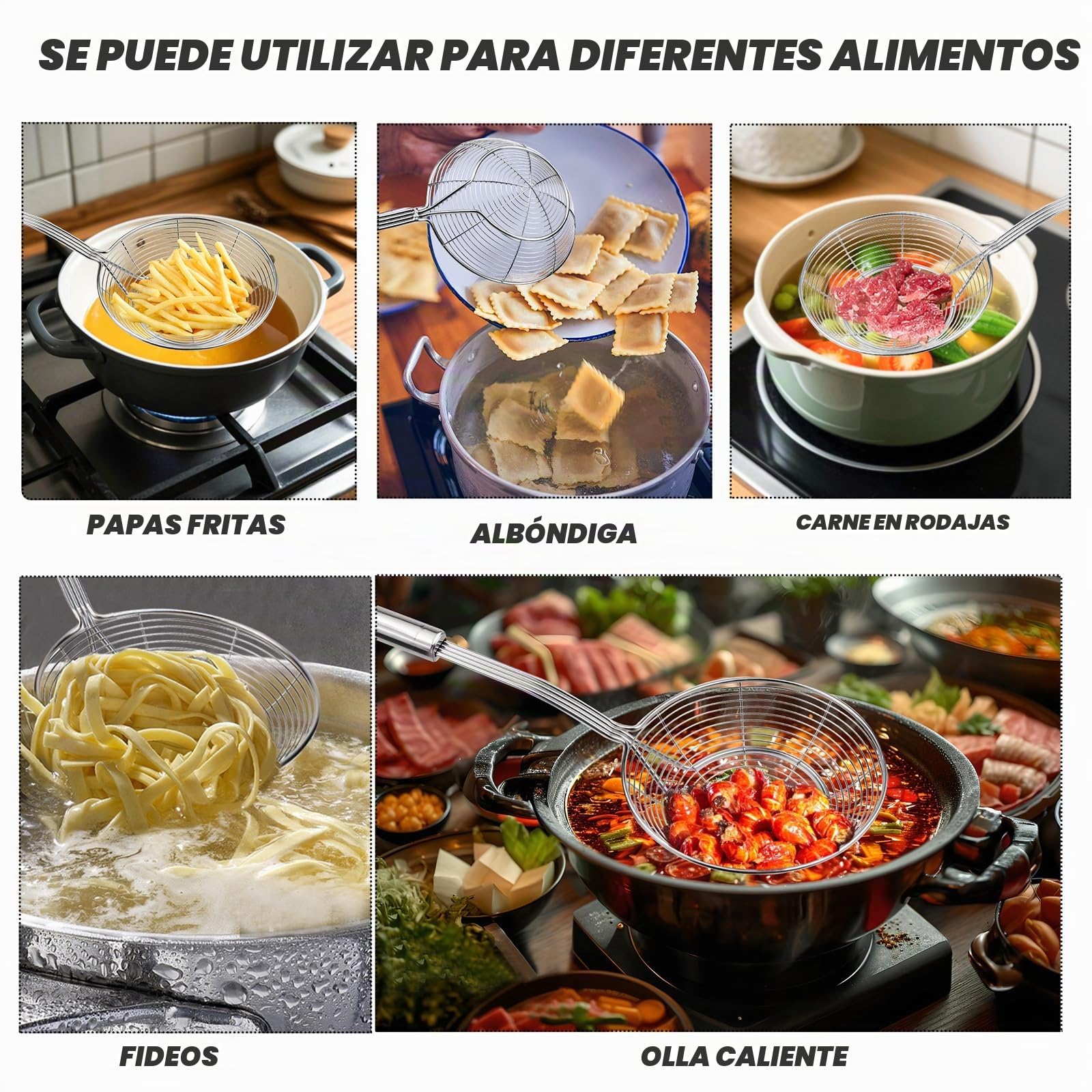 Paleta de espuma de acero inoxidable, juego de colador, colador, cuchara de cocina, colador, colador de araña, paleta de araña, cucharón de telaraña para cocinar, asar, guisar, olla caliente