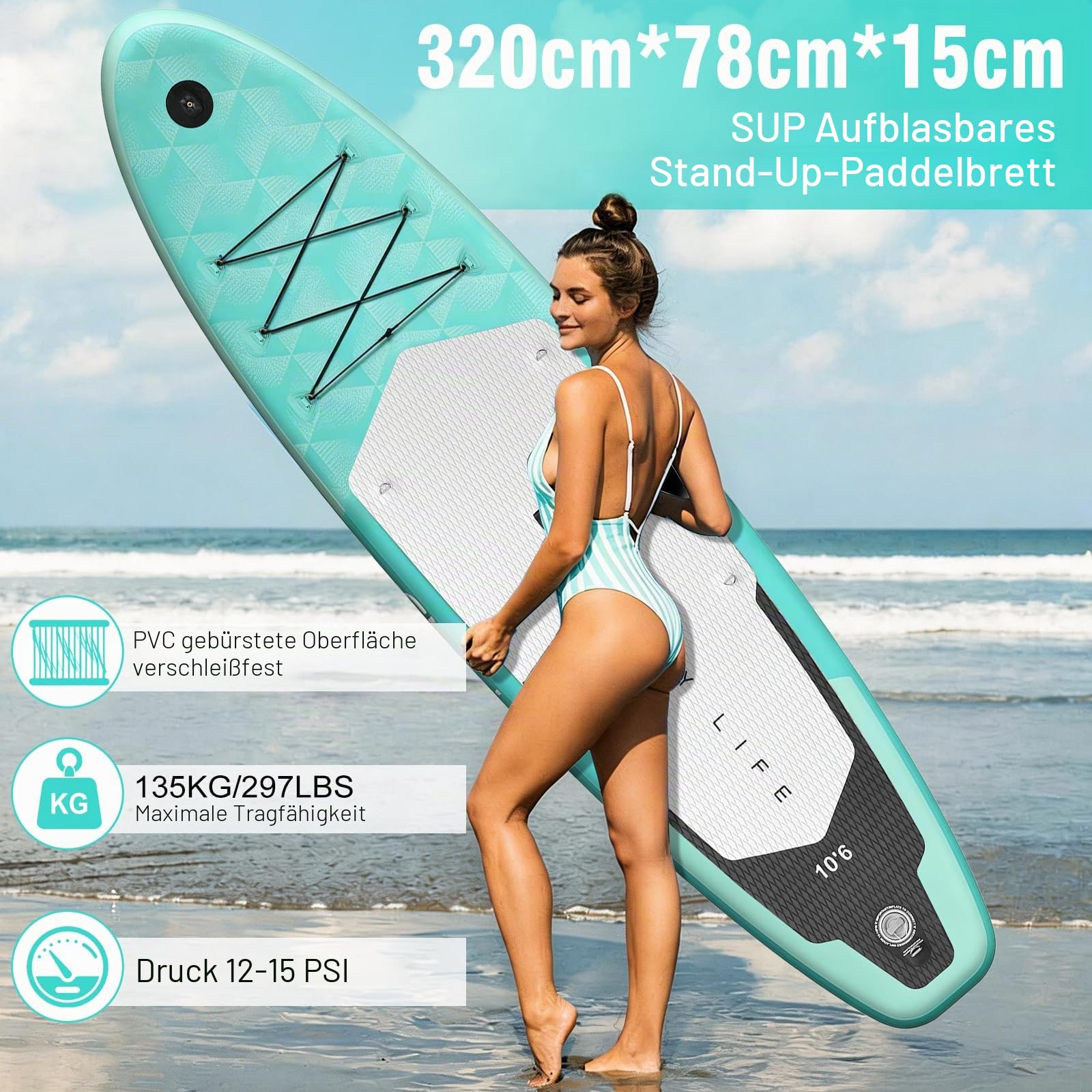 Inflatable Stand Up Paddle Board 320cm,SUP Board Set mit Zubehör, UV-beständig, hohe Stabilität bis 200kg, mit Pumpe, Rucksack & Paddel, für Anfänger & Fortgeschrittene