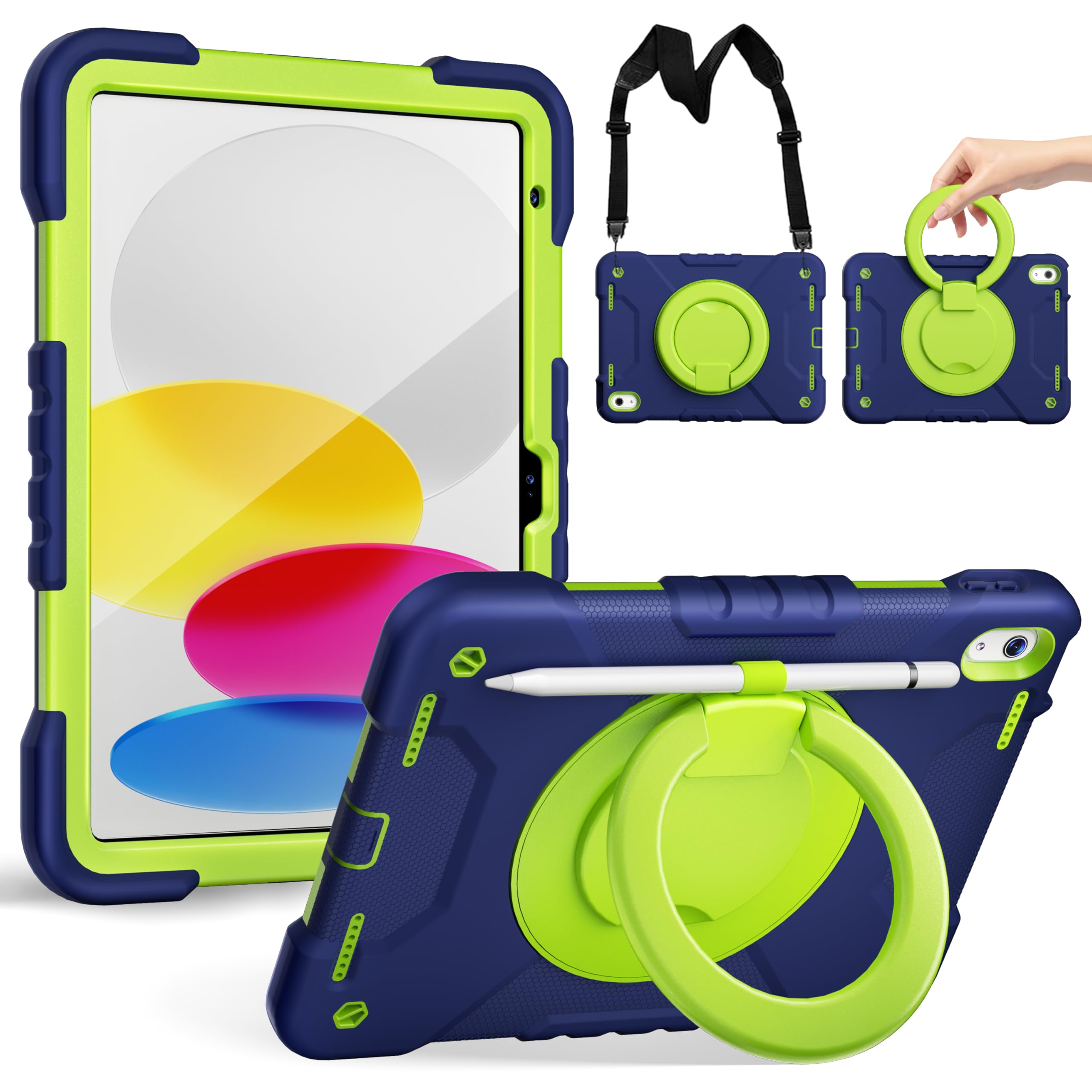 Andnary Case for iPad (A16) 11th Generation 11 inch 2025/10th Generation 10.9 inch 2022, Heavy Duty Shockproof Cover with 360° Rotating Handle/Bracket/Pen Holder/Shoulder Strap, Navy+Green