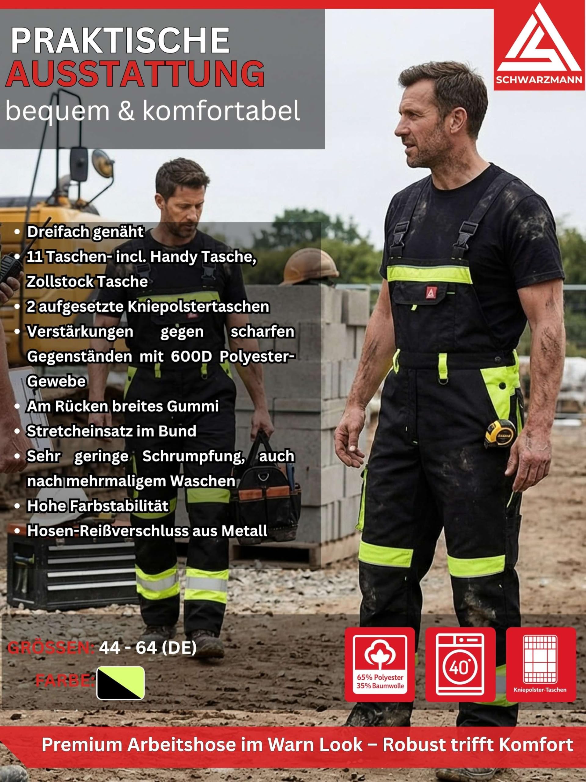 Latzhose Herren Arbeitshose mit 11 Taschen Reflexstreifen und Kniepolstertaschen Arbeitskleidung Männer Warnschutz Arbeitslatzhose Rettungsdienst Hose Straßenbau KfZ Abschleppdienst Handwerk Montage