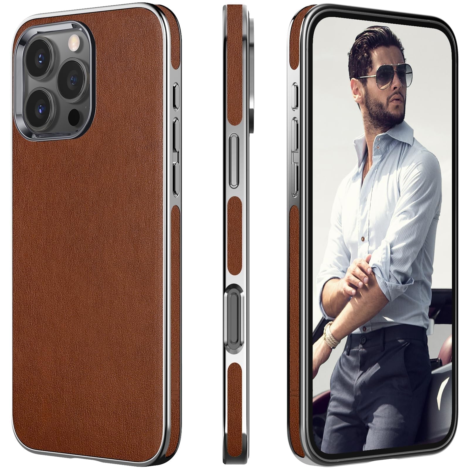 Hepiide Leather Case for iPhone 16 Pro Max 6.9", Business Luxury Classic PU Leather Elegant Case, Soft Non-slip Phone Cover for iPhone 16 Pro Max 5G 6.9 inch 2024 (Brown, iPhone 16 Pro Max)