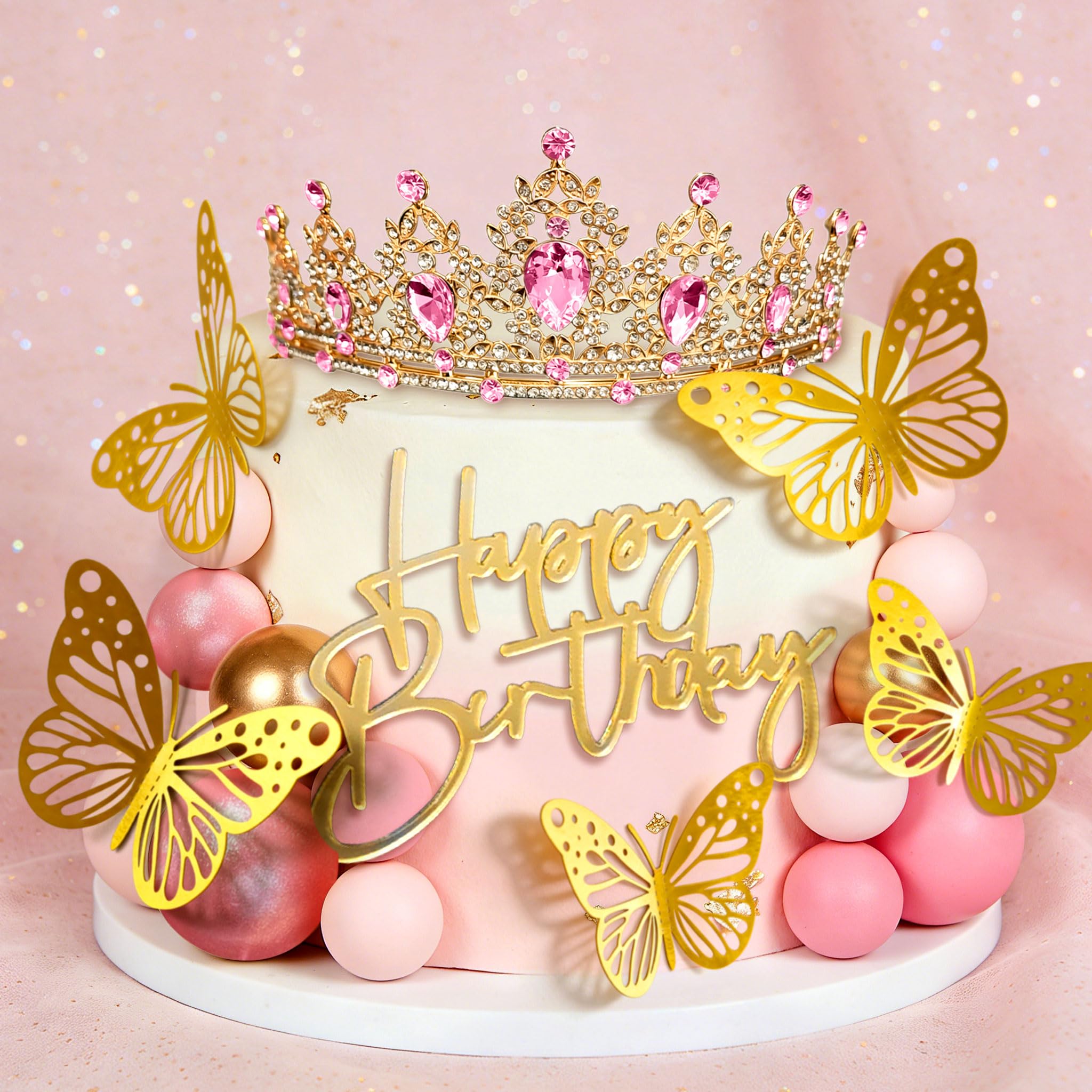 Pink Crown Cake Topper Gold Balls Cake Decor Crown Birthday Gold Butterfly Sign for Birthday Baby Shower