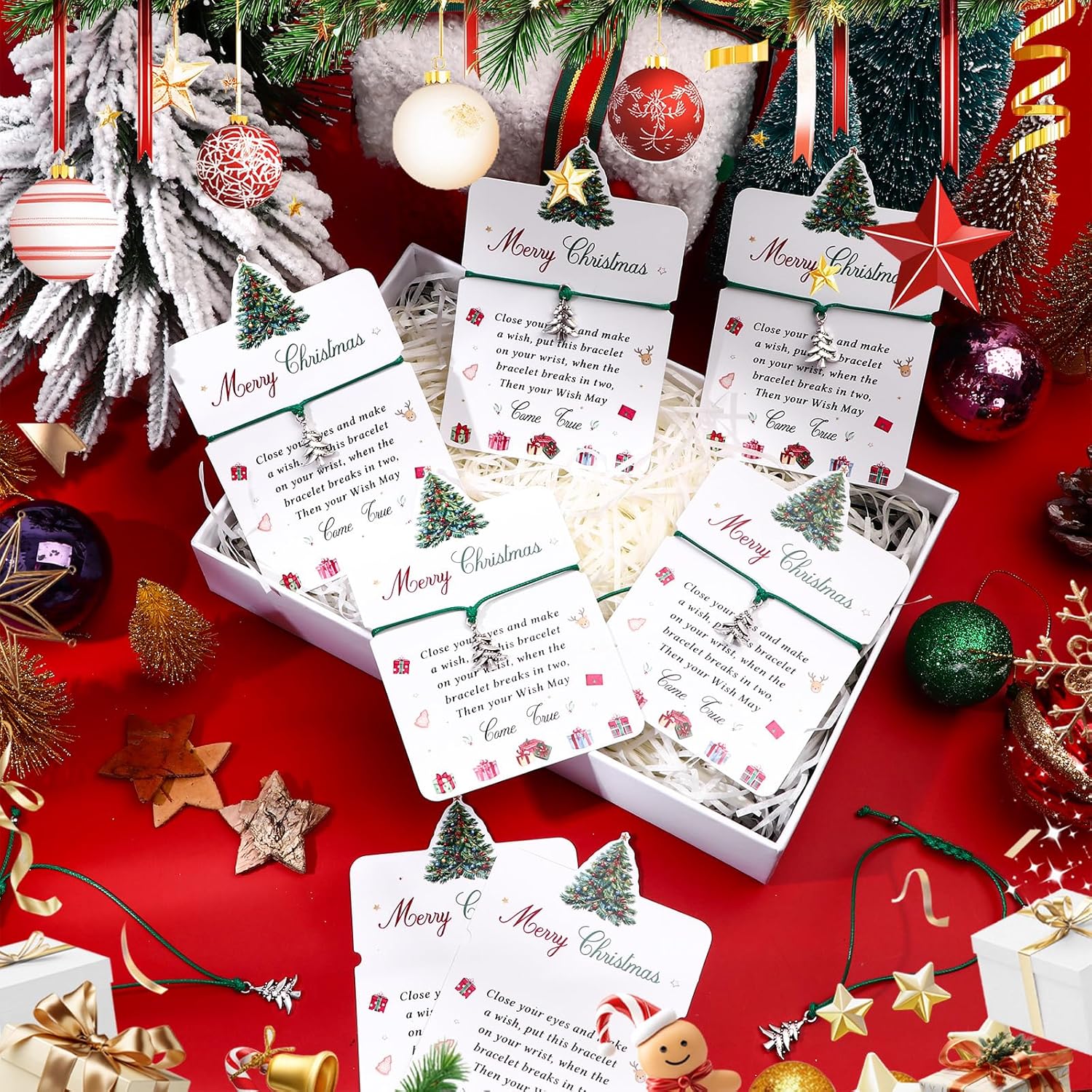 48 Sets Christmas Wish Bracelets Bulk Adjustable Christma's Bracelet Xmas Wish Bracelets Christmas Tree Braided Rope with Wi-sh Cards Xmas Tree Braided Wax Rope Friendship Holiday Gifts for Women Girl - Image 3