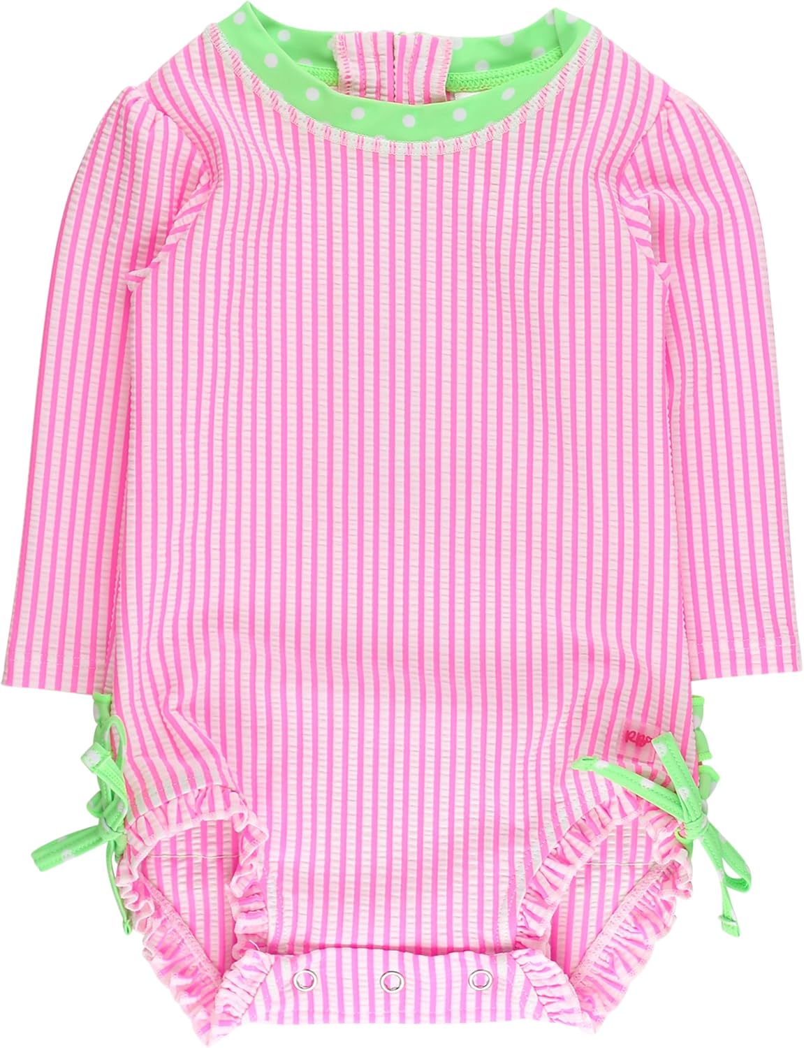 RuffleButts Baby-Girls Seersucker Long Sleeve Rash Guard - One Piece Swimsuit UPF 50+ Toddler