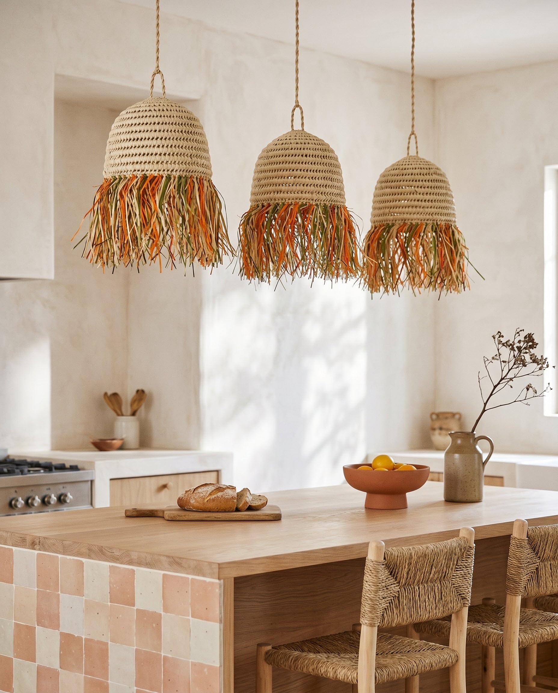 Suspension en Osier Tressé Main - Cloche à Franges Raphia - 40 cm