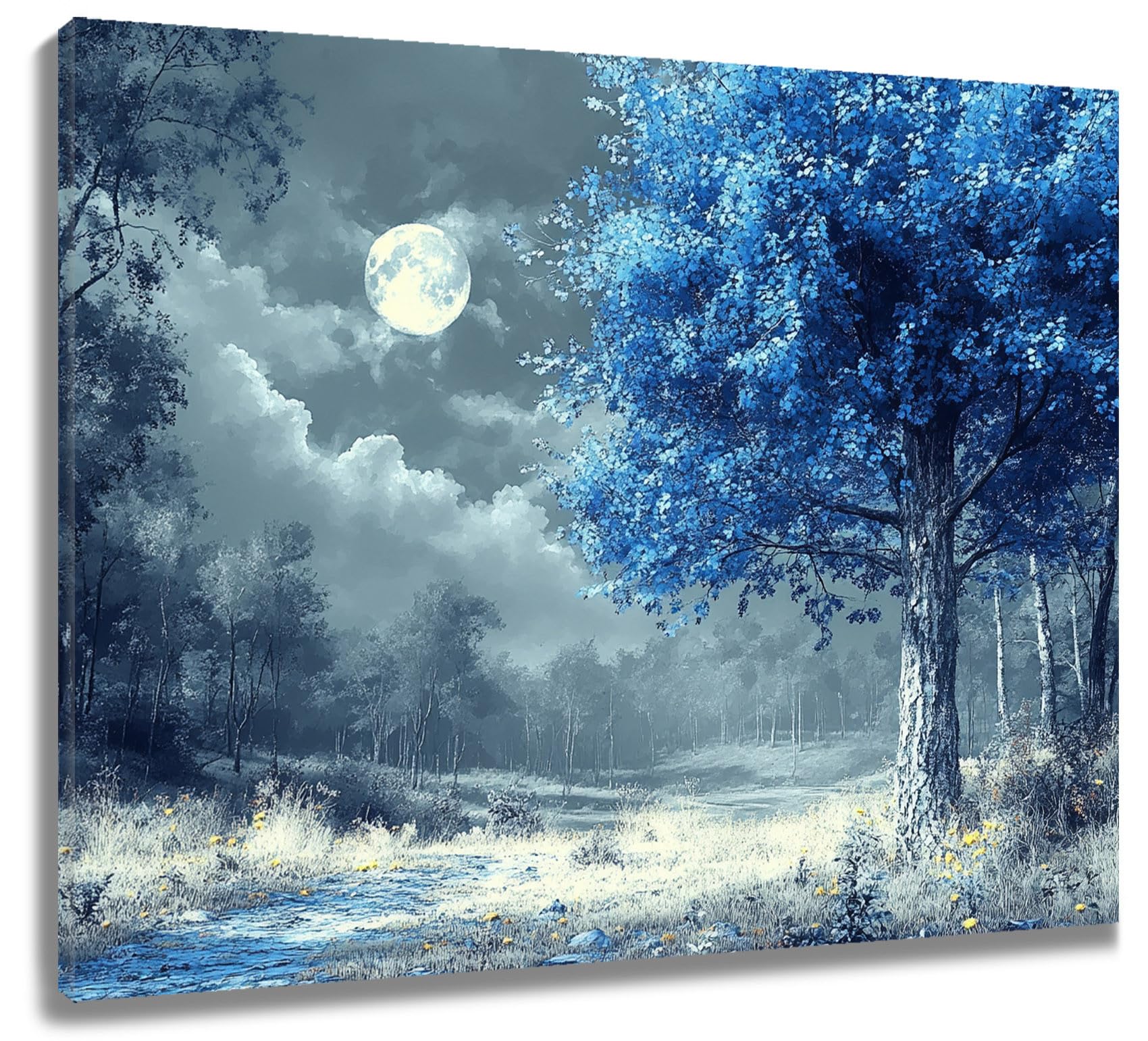 LB Blue Flower Tree Wall Art Grey Forest Nature Landscape Canvas Wall Art for Living Room Moon in Gray Sky Poster Paint Wall Art Decor for Bathroom Kitchen Bedroom,20Wx16H inch Wooden Framed โ image 1