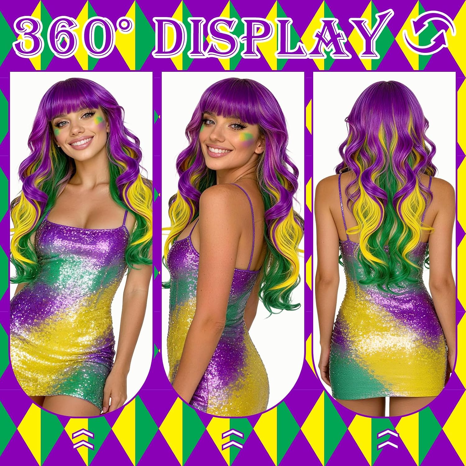 Mardi Gras Long Wavy Wigs for Women, Colored Funny Curly Wig Purple Yellow Green Mix Hair with Hair Cap for Mardi Gras Carnival Parades Fancy Dress Music Festival Cosplay Party Costume