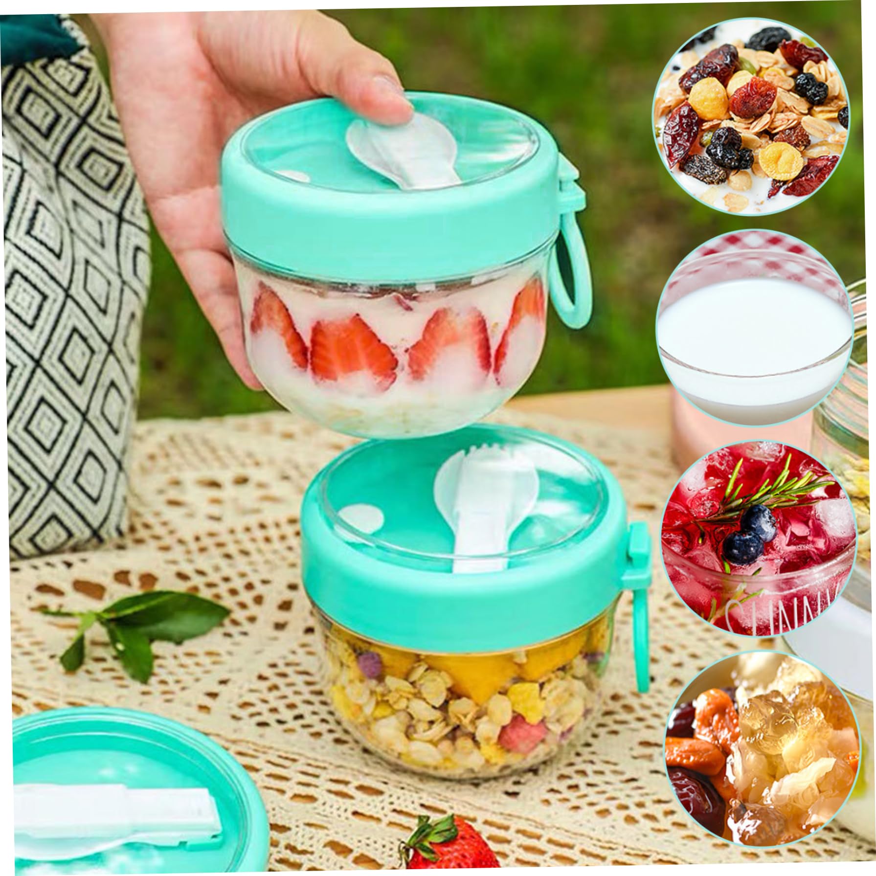 Contenitori ermetici portatili per avena da 4 pezzi da 600 ml con coperchi e cucchiai, vasetto per yogurt di capacità per latte, frutta, cereali, conservazione dell'insalata, preparazione