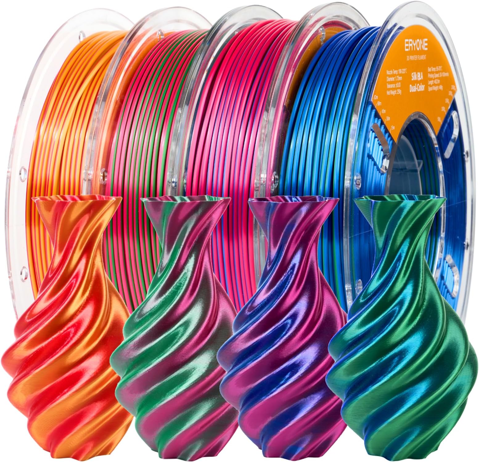 ERYONE PLA Filament 3D Printer Filament Bundle Multicolor 1.75mm +/- 0.03mm, PLA Filament 250g Spool, 4 Rolls, Silk Dual Color 1