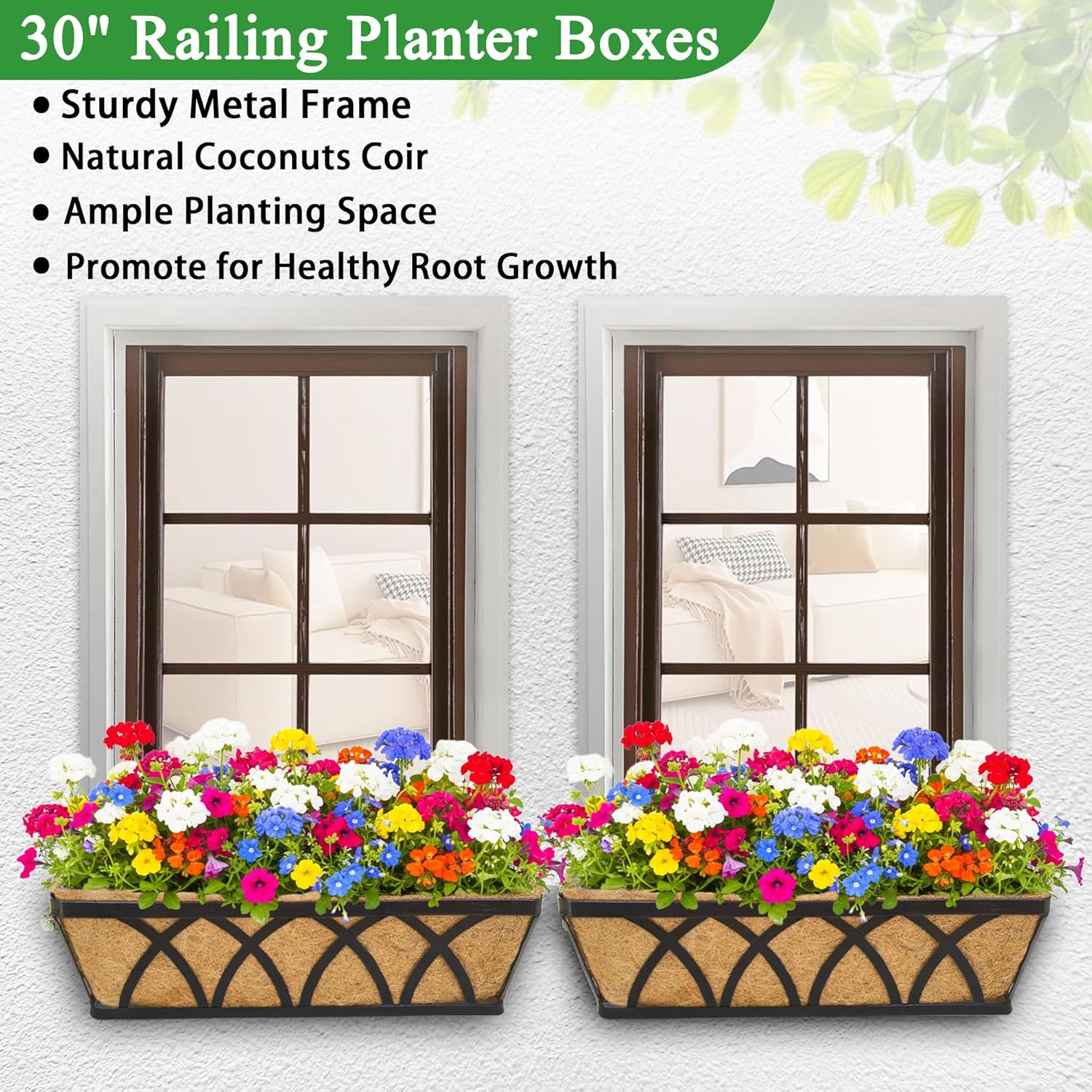 2 Pack 30 Inch Window Box Deck Railing Planter with Coco Liner Fence Balcony Patio Long Window Flower Box Deck Railings Hanging Horse Trough Balcony Garden Rail for Outdoor Garden Fence Lawn