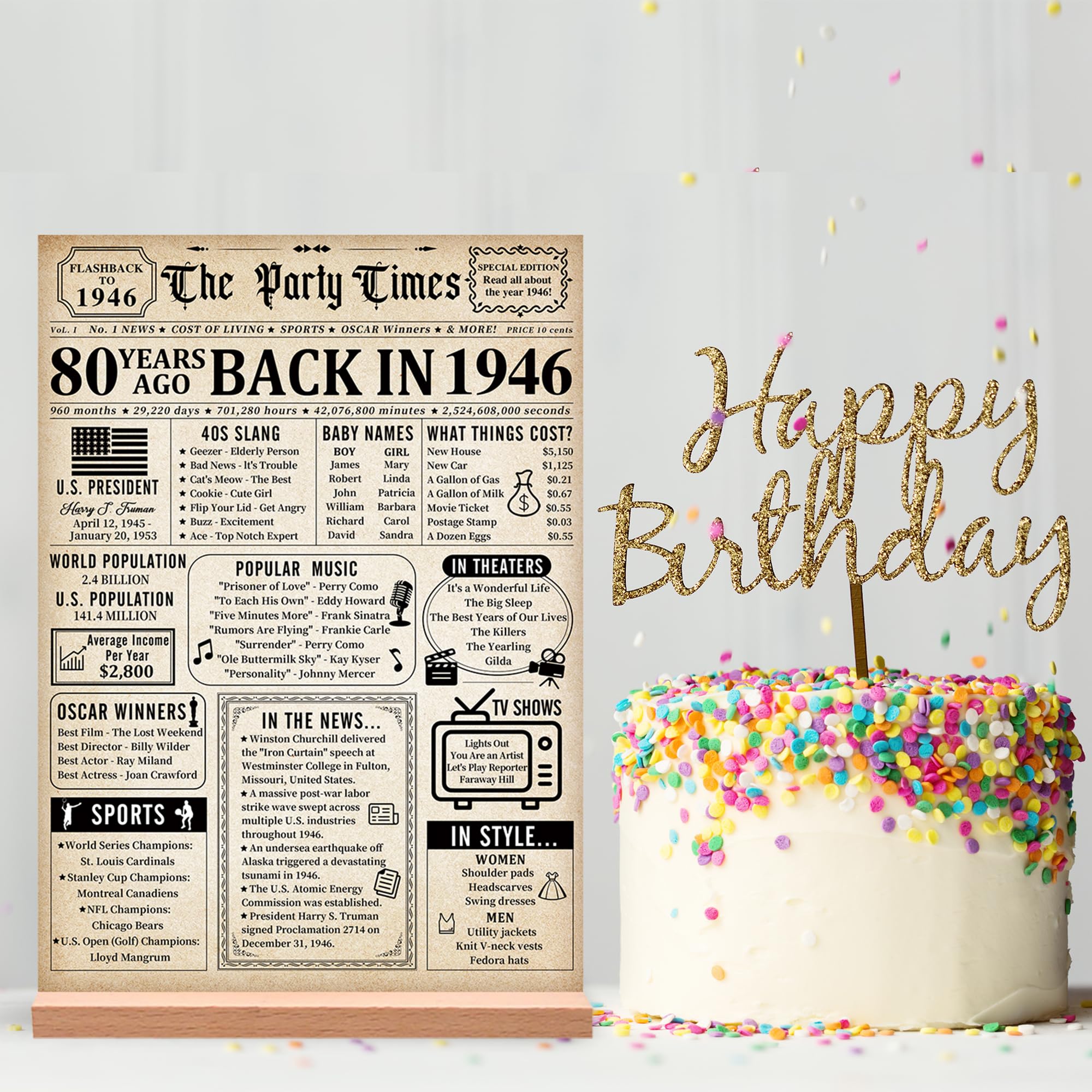 Trgowaul 80th Birthday Decorations Women Men, Vintage Back in 1946 Birthday Poster Acrylic Table Sign with Stand, 80th Anniversary Decor Gifts for Men, Vintage 80 Year Old Party Supplies Decorations — view 4
