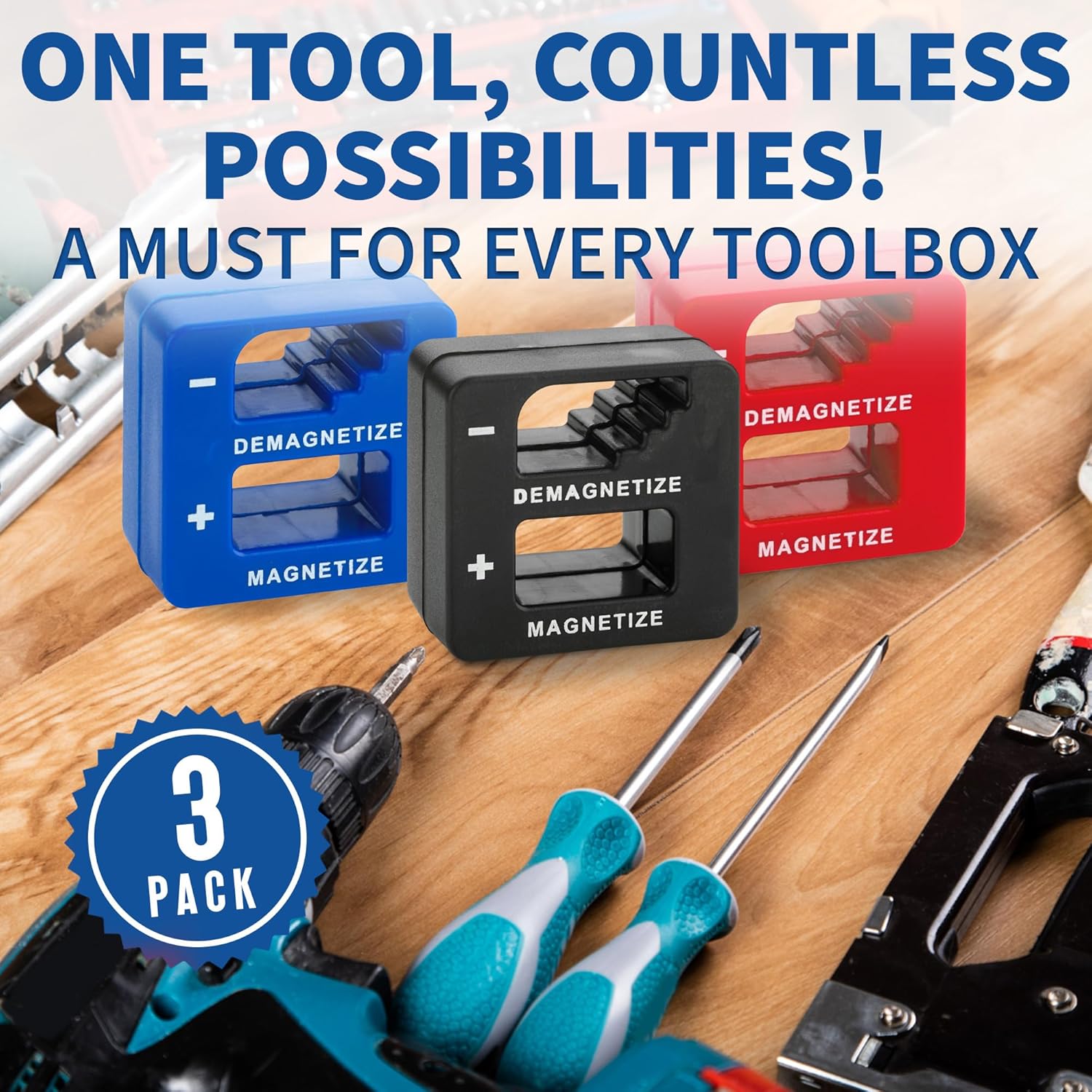 Demagnetizer and Magnetizer For Screwdrivers Tips, Bits, and Small Tools, Large or Big Screws, Drills, Drill Bits, Sockets, Nuts, BRed olts, Nails, 3 Pack - Red, Black, and Blue