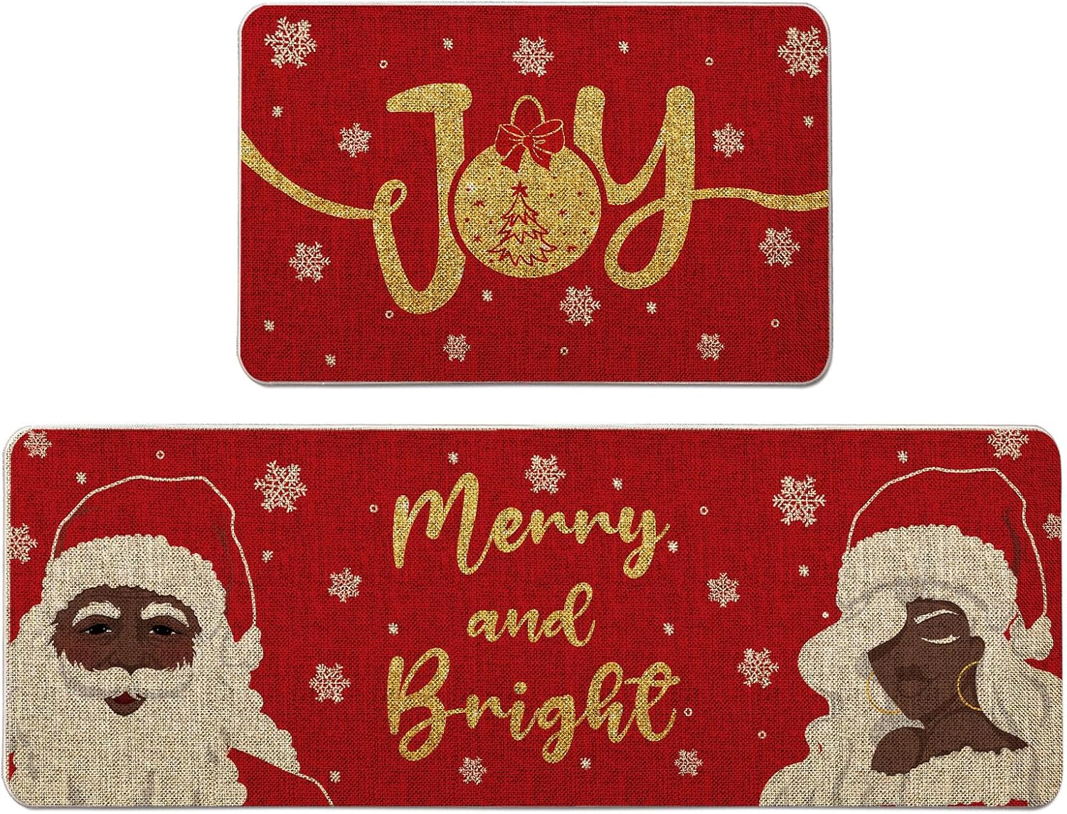 Christmas Kitchen Mat Set of 2 Black Santa African American Santa Claus Kitchen Rugs, Xmas Decorative Farmhouse Floor Mats for Home Kitchen Dining Room Decorations - 17x27 and 17x47 Inch