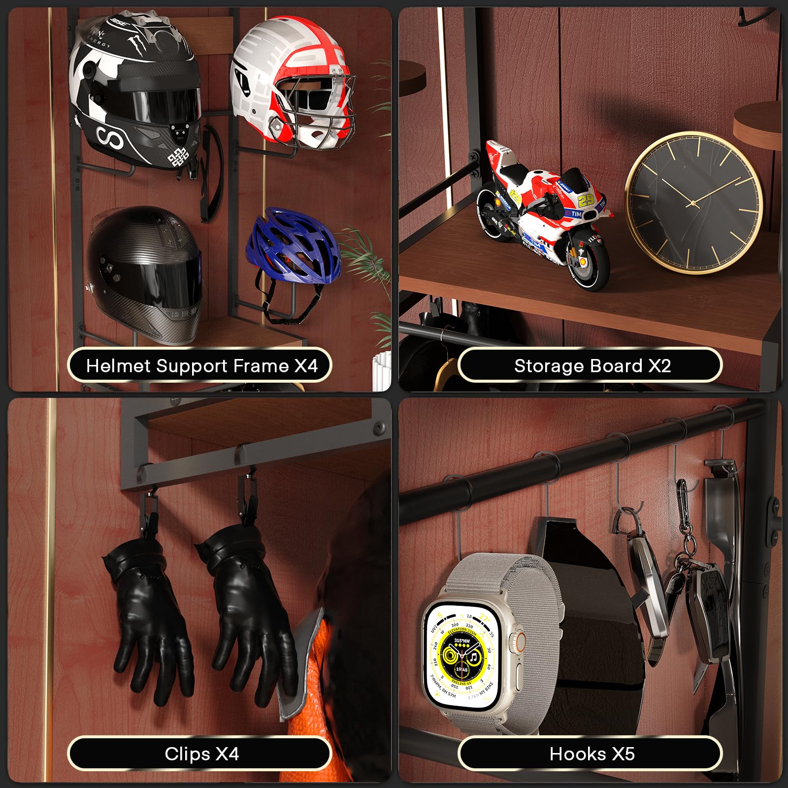 Porta Casco da Parete Con 2 Tavole in Strato di Legno - 4 Supporti per Casco Tattico, Moto, Calcio e Ciclismo - Appendi Cappelli