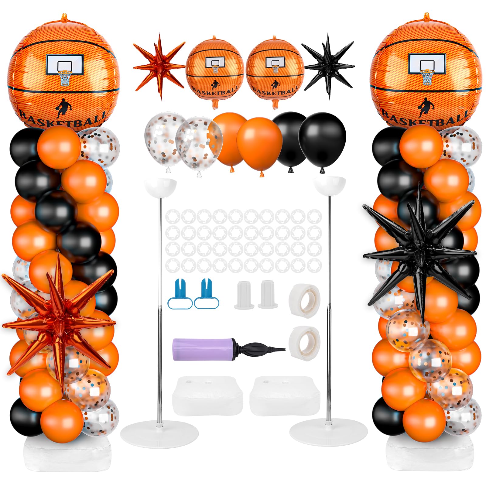 Photo 1 of 2 Sets Basketball Balloon Column Stand Kit Balloon Arch with Adjustable Stands Tower Kit 100 Latex Balloons Star Foil Balloons for Basketball Birthday Party Decorations