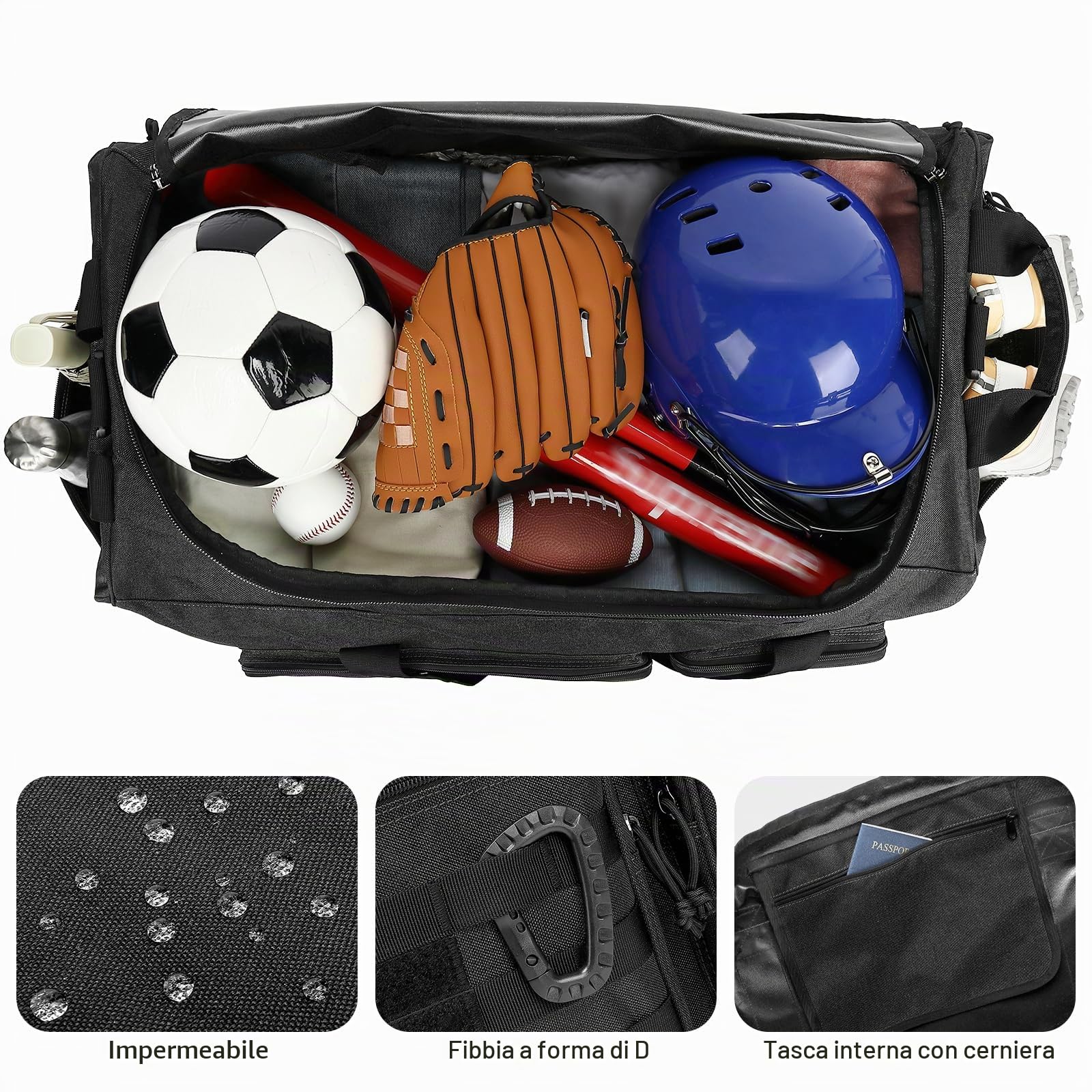 Borsone da viaggio da uomo, 120 l, resistente, da campeggio, 80 cm, extra large, borsa sportiva XL, Nero , 32'', Viaggi, campeggio, sport, palestra, allenamento, boxe, escursionismo