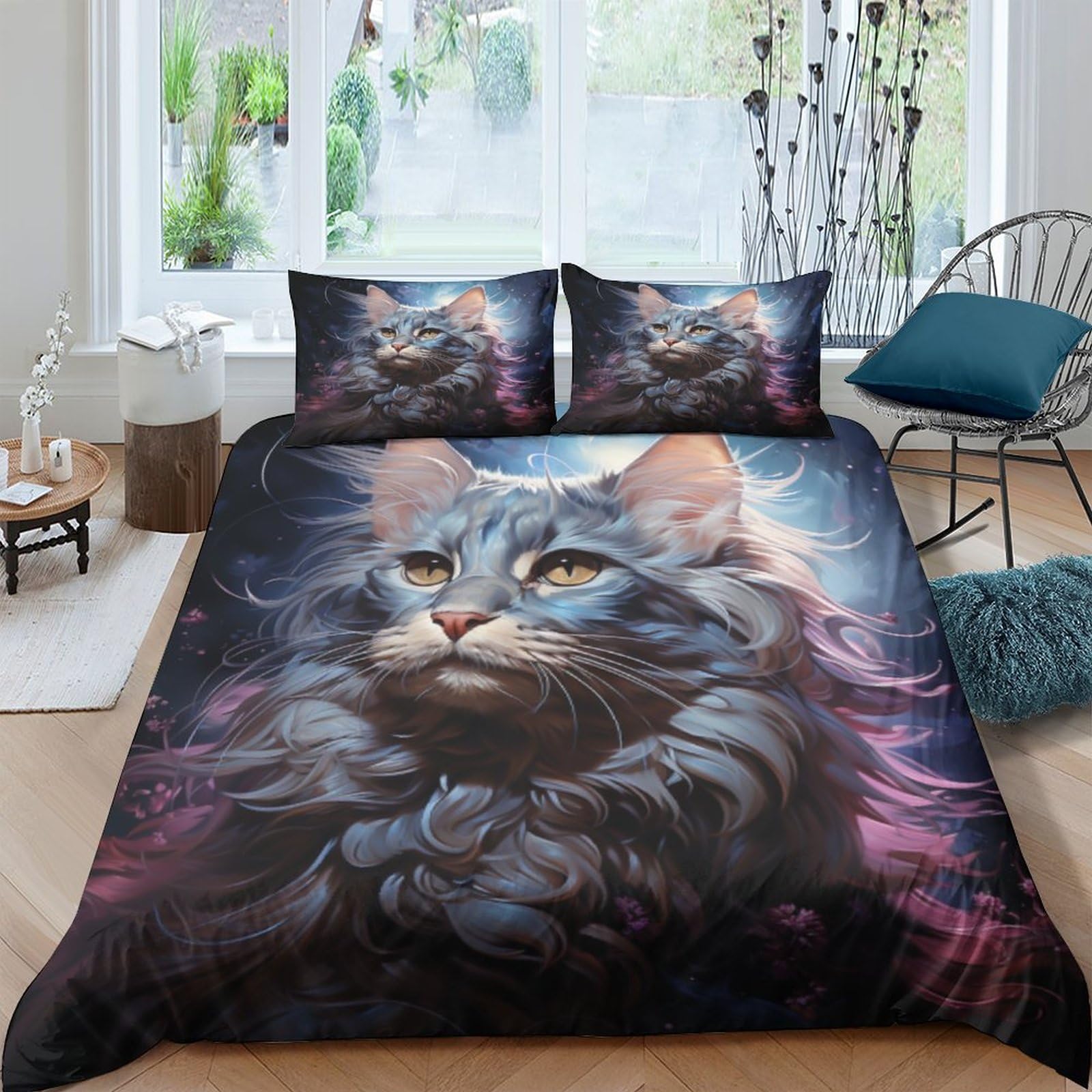 Housse de couette chat 200x200 avec taies d'oreiller pour lit double