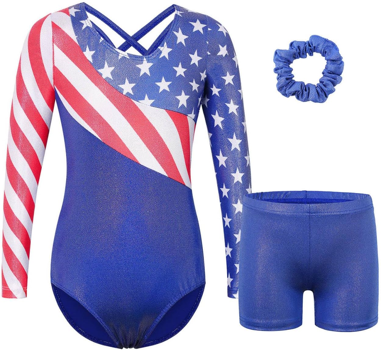 BAOHULU Gymnastics Leotards for Girls Long Sleeve Sparkly Cute Pattern Dance Outfit with Matching Shorts Set