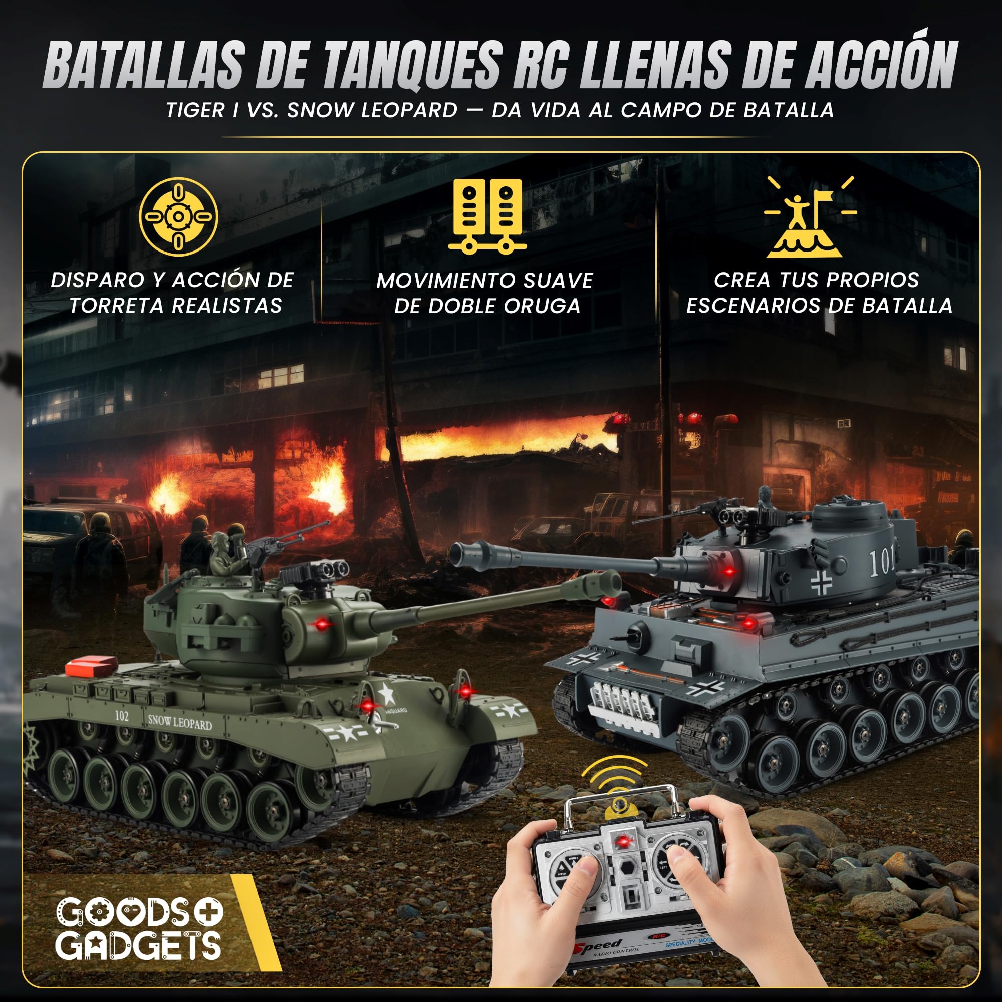 GOODS+GADGETS Tanque RC Alemán Tiger I 2.4GHz R/C Modelo a Escala 1:16 con función de Disparo, Sonido - RTR (Pershing Snow Leopard)