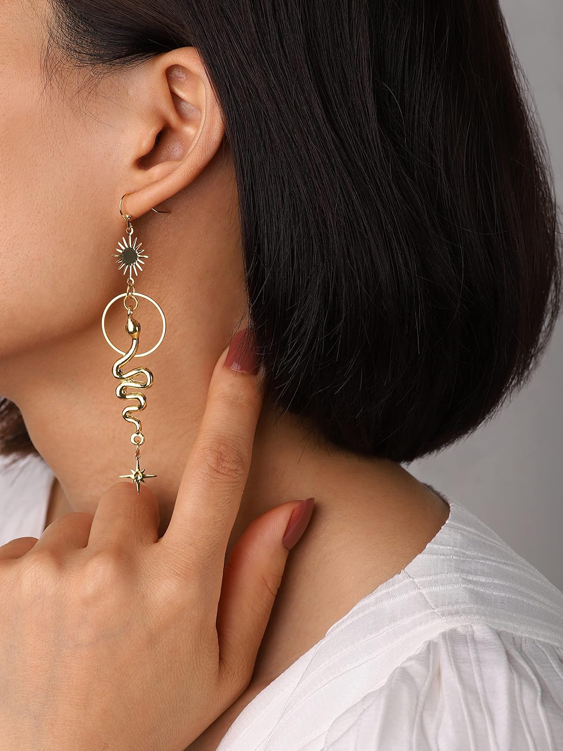 Sacina Gothic Sun Star Snake Earrings, Gold-tone Plated Brass Snake Sun Star Pendant, Celestial Earrings, Goth Halloween Christmas New Year Jewelry Gift for Women - Image 3