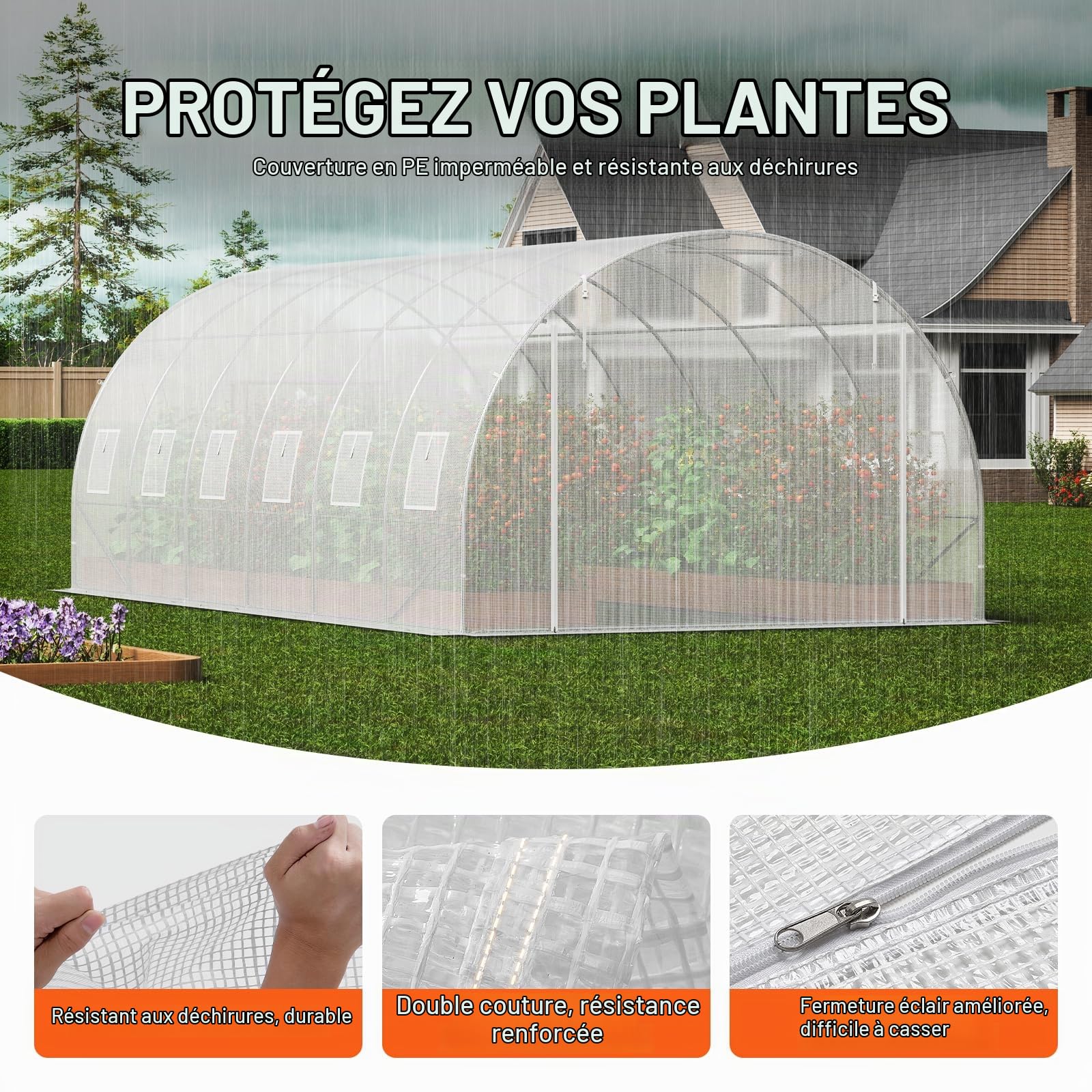 VEVOR Serre Tunnel Jardin, 590x295x198 cm, Tente Abri Plantes avec Cadre en Acier Galvanisé, Couverture en PE Blanche, Porte à Glissière Enroulable, 12 Fenêtres, pour Extérieur Cultiver Légumes Fleurs